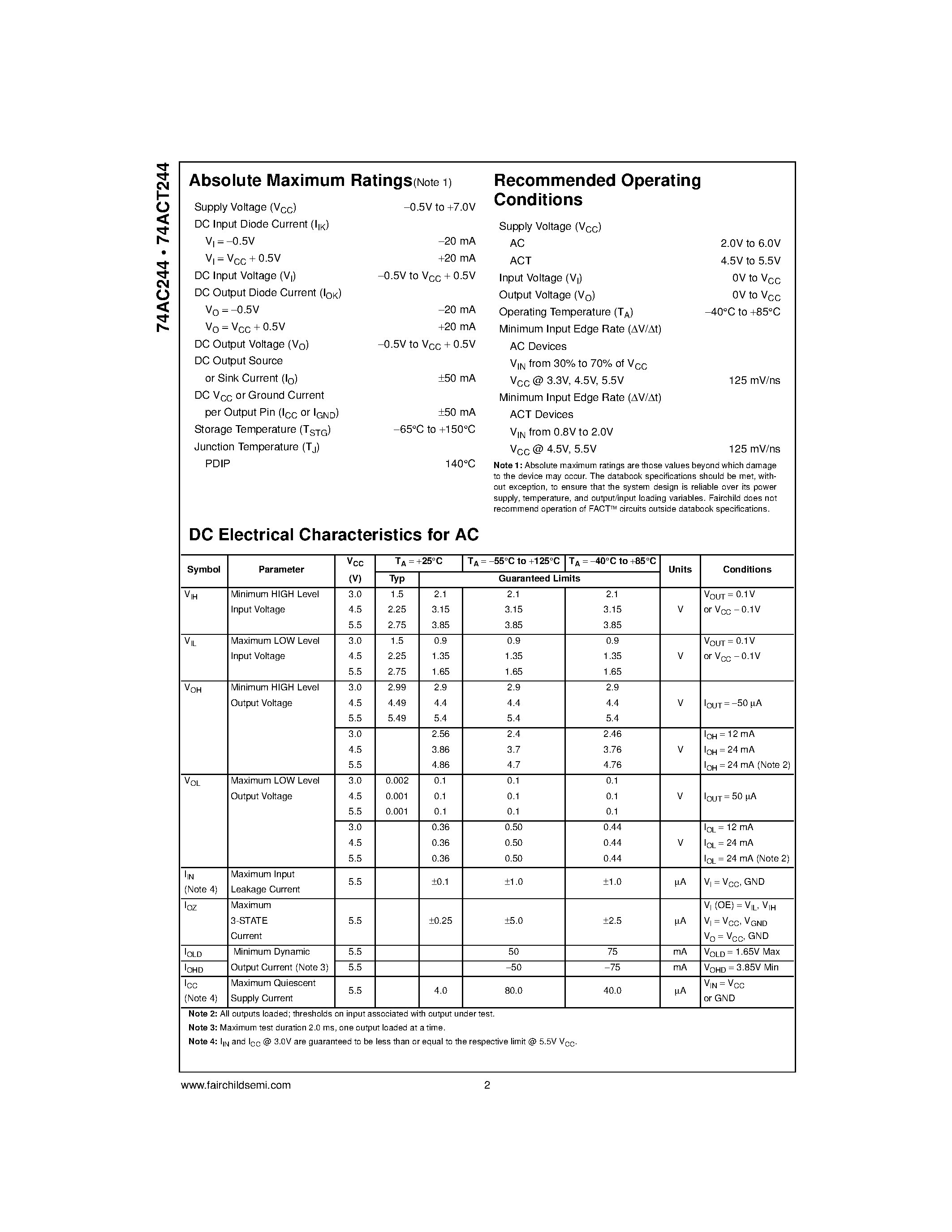 Datasheet 74ACT244MTC - Octal Buffer/Line Driver with 3-STATE Outputs page 2