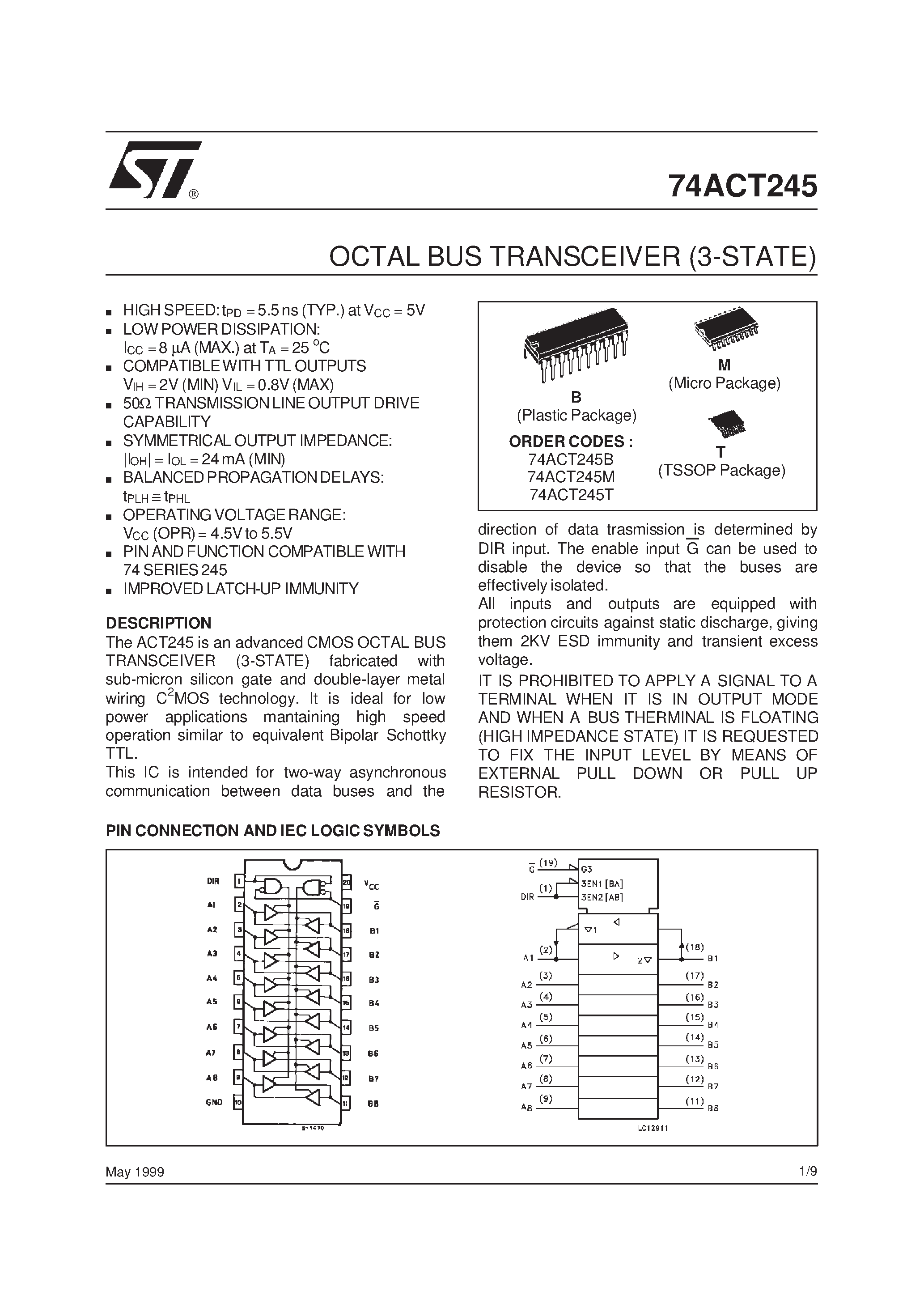 Datasheet 74ACT245 - OCTAL BUS TRANSCEIVER 3-STATE page 1