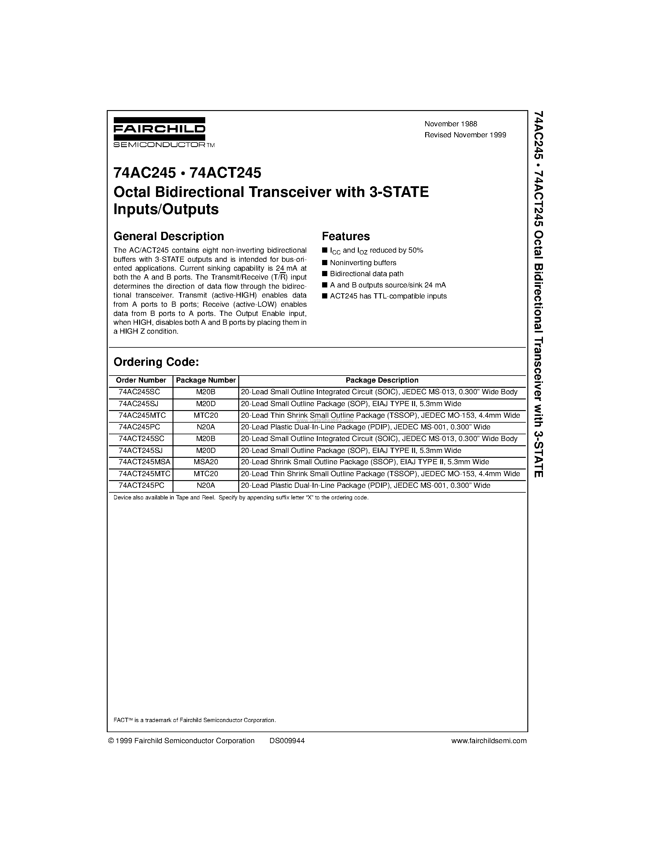 Datasheet 74ACT245MSA - Octal Bidirectional Transceiver with 3-STATE Inputs/Outputs page 1