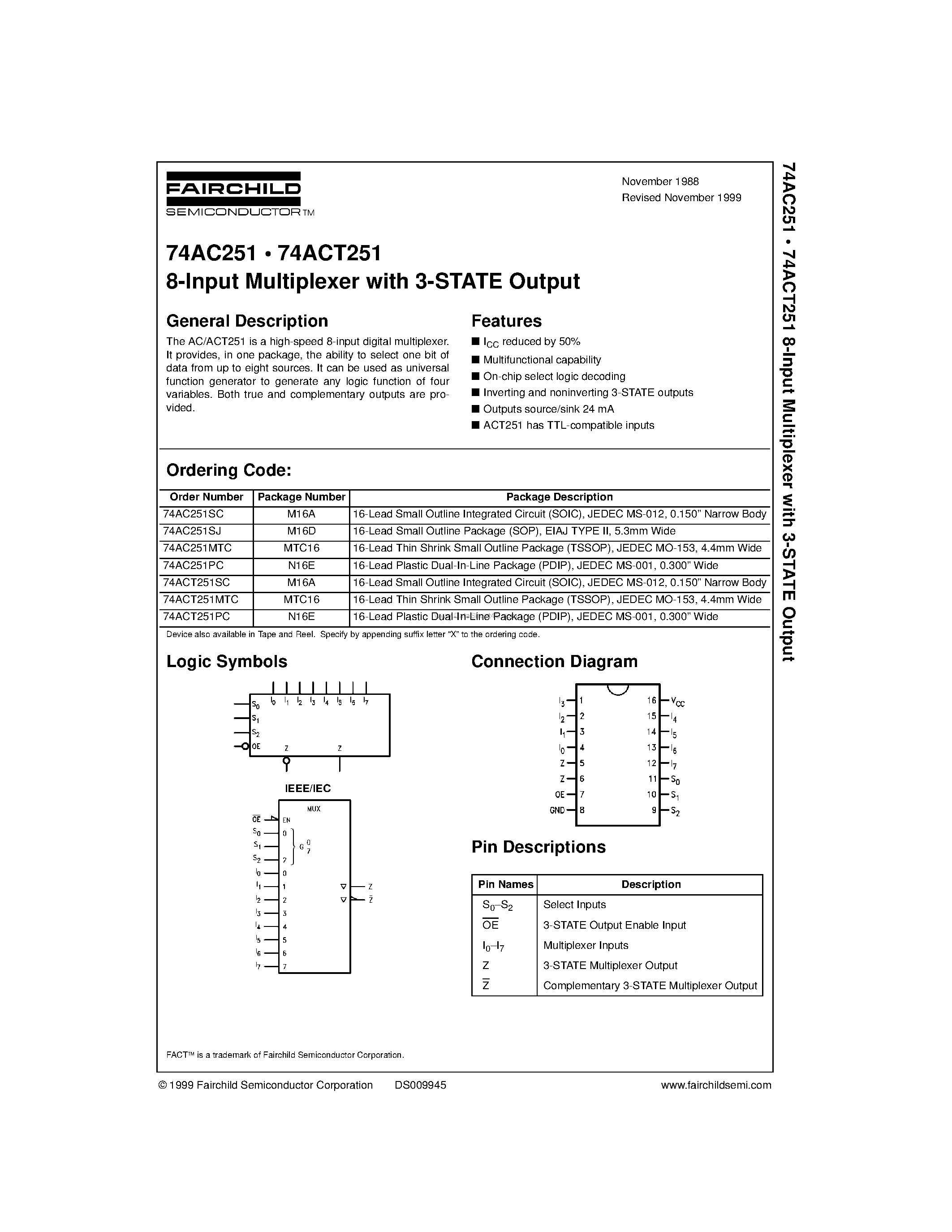 Datasheet 74ACT251PC - 8-Input Multiplexer with 3-STATE Output page 1