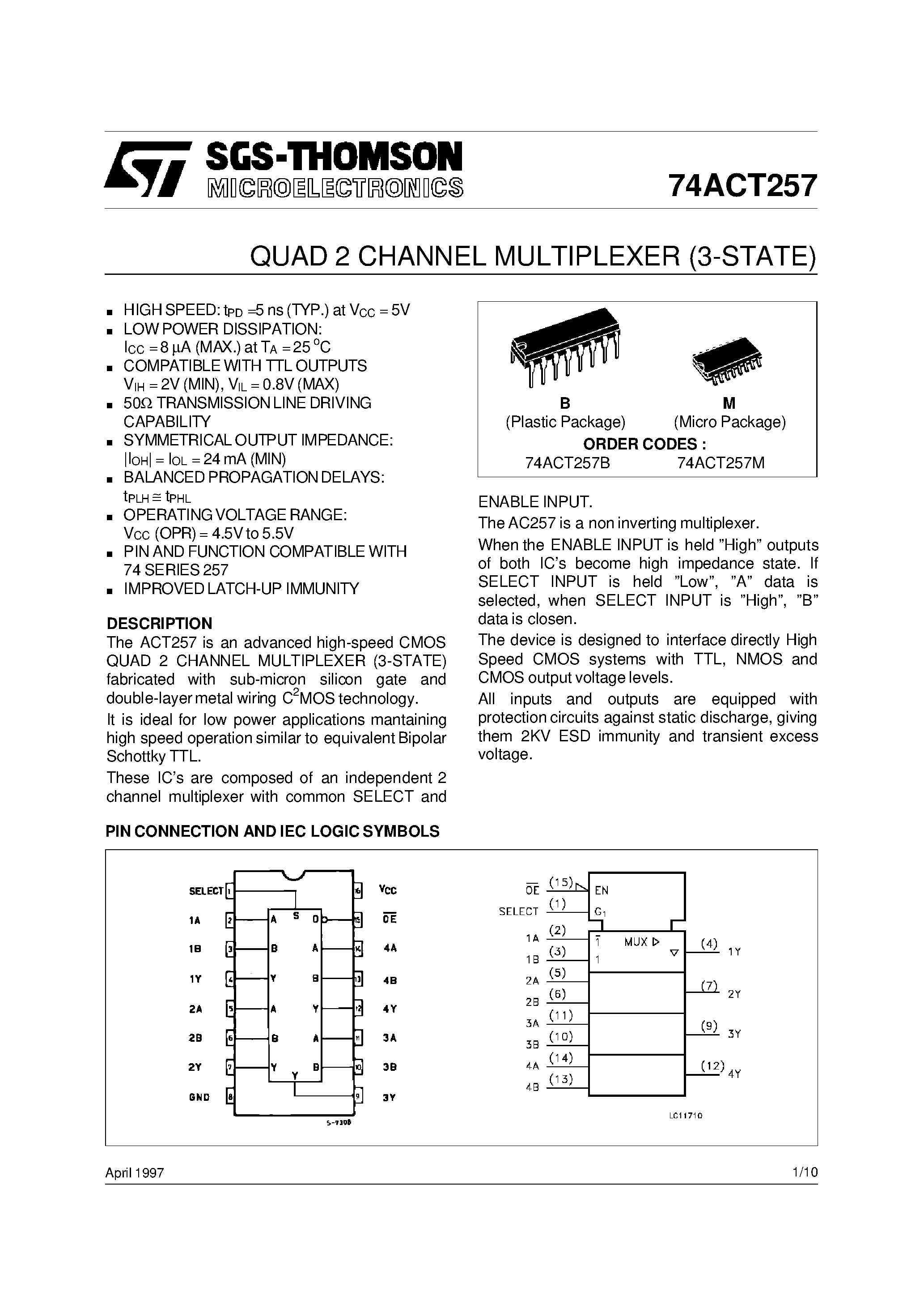 Datasheet 74ACT257 - QUAD 2 CHANNEL MULTIPLEXER 3-STATE page 1