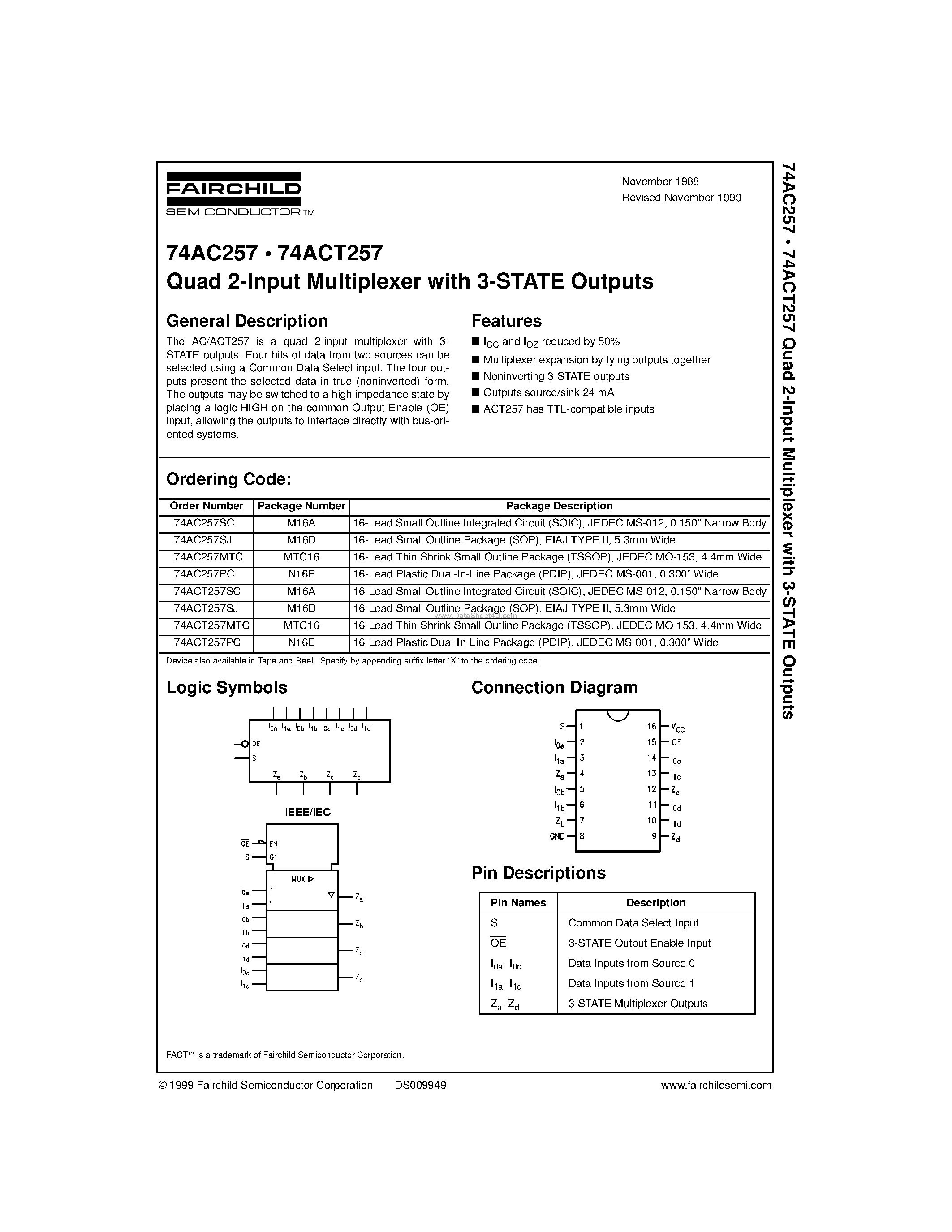 Datasheet 74ACT257MTC - Quad 2-Input Multiplexer with 3-STATE Outputs page 1