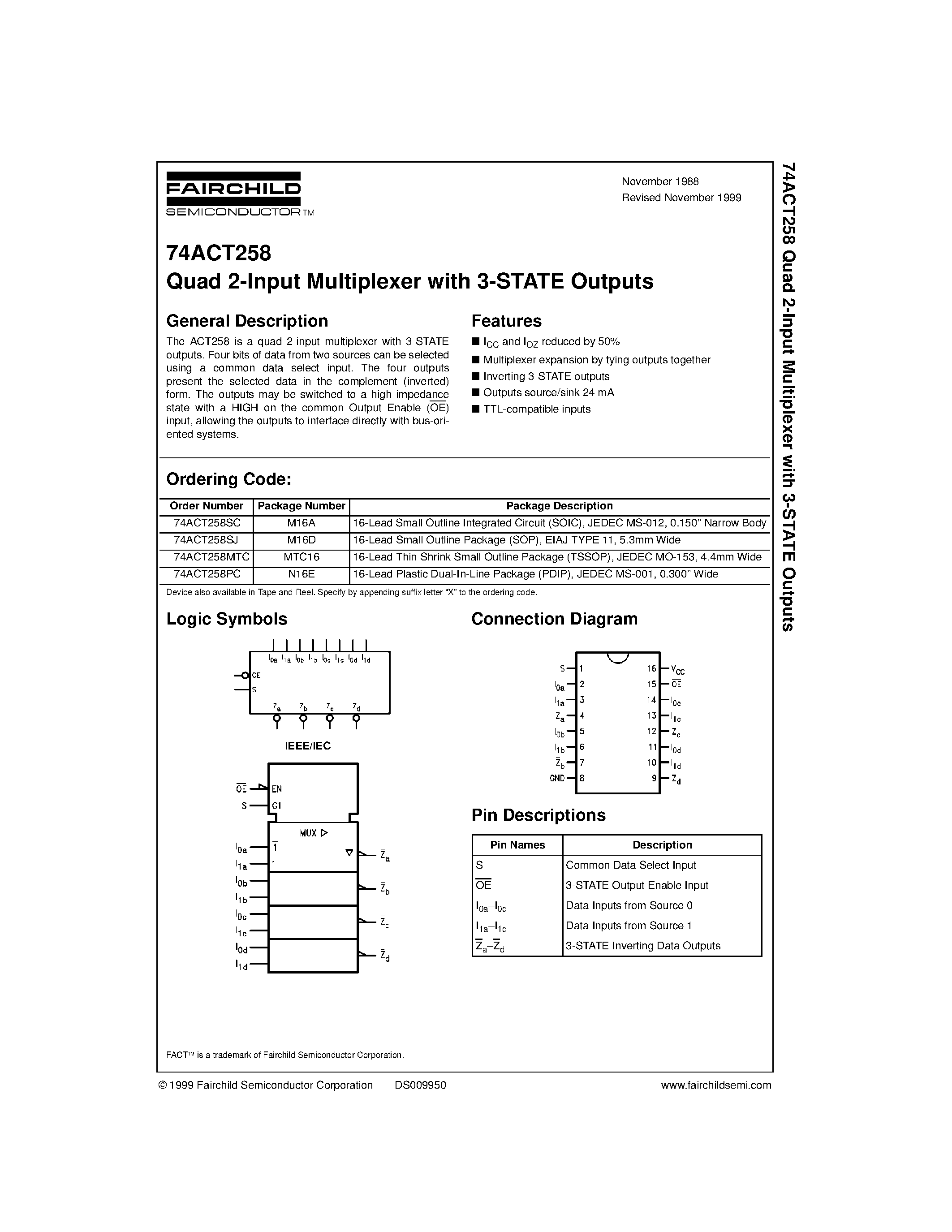 Datasheet 74ACT258MTC - Quad 2-Input Multiplexer with 3-STATE Outputs page 1