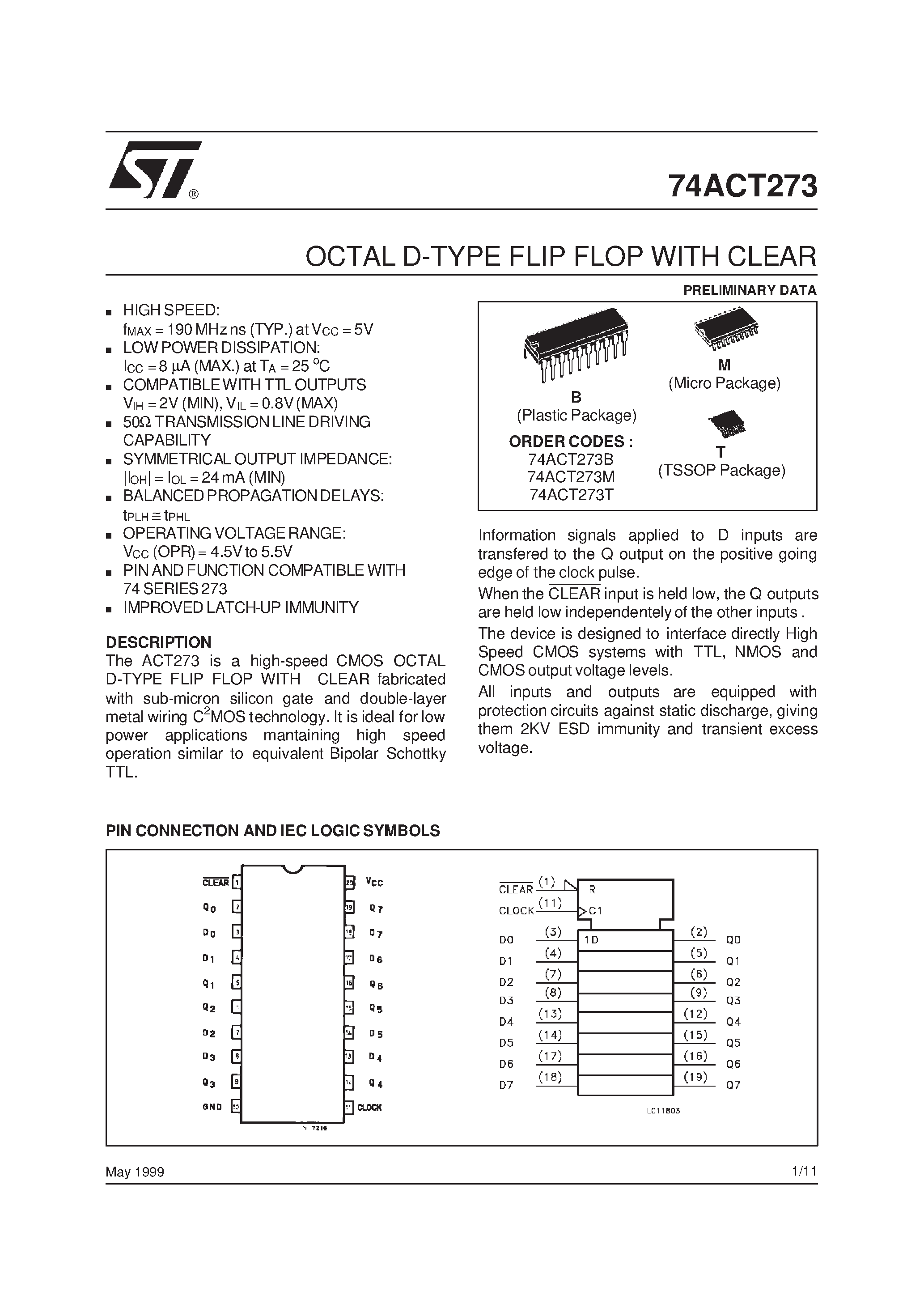 Datasheet 74ACT273B - OCTAL D-TYPE LATCH WITH 3 STATE OUTPUT NON INVERTING page 1