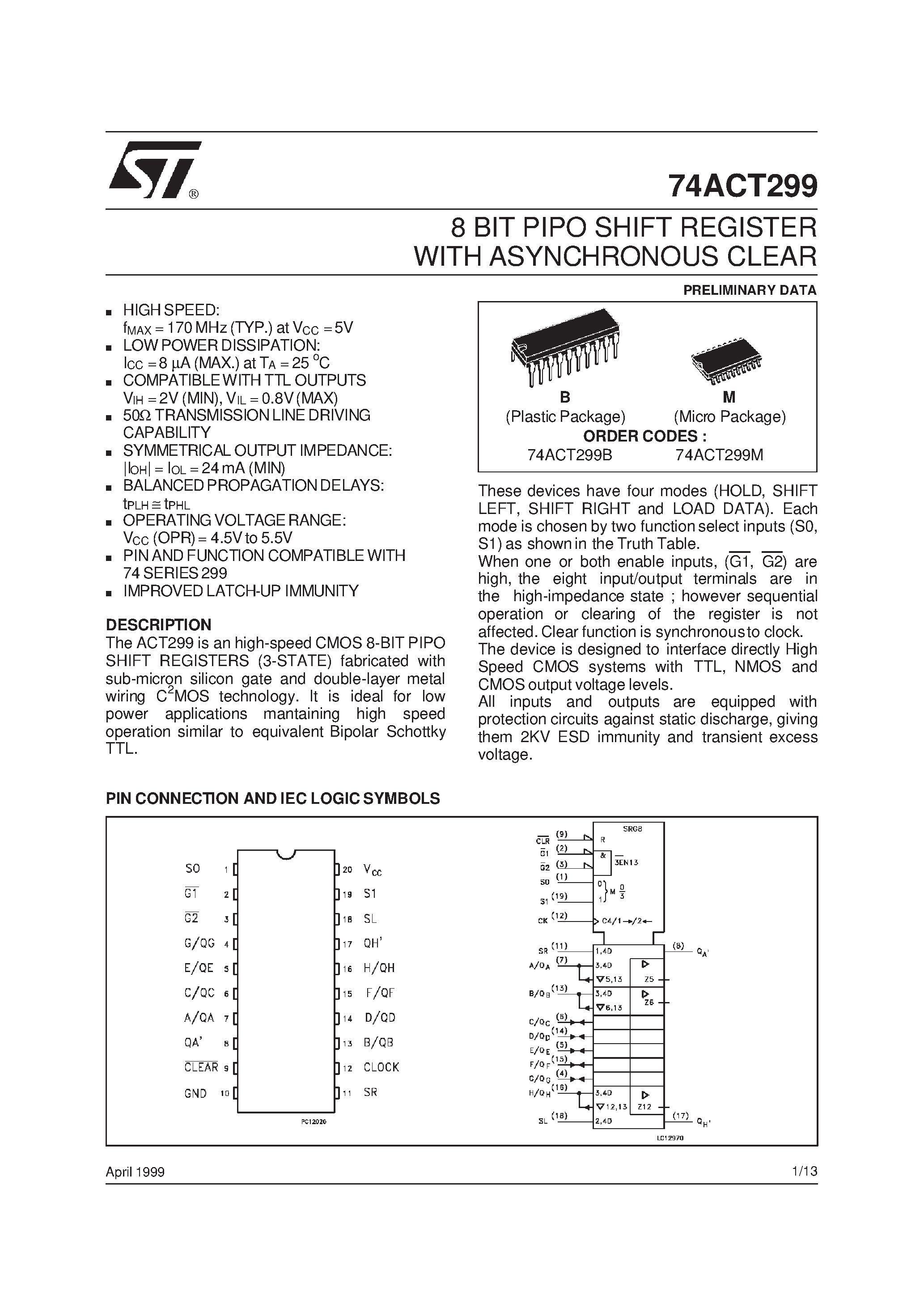 Datasheet 74ACT299 - 8 BIT PIPO SHIFT REGISTER WITH ASYNCHRONOUS CLEAR page 1