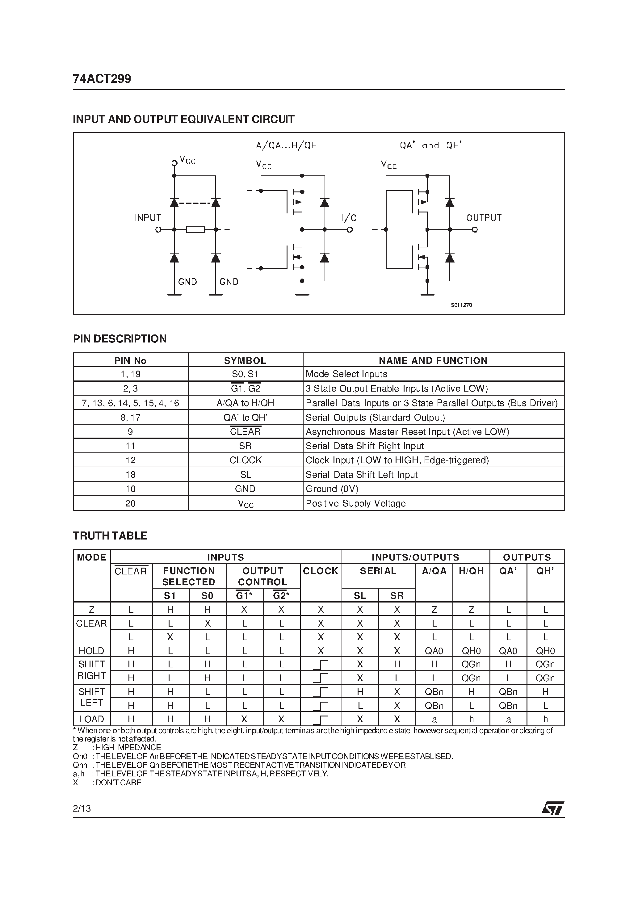 Datasheet 74ACT299B - 8 BIT PIPO SHIFT REGISTER WITH ASYNCHRONOUS CLEAR page 2