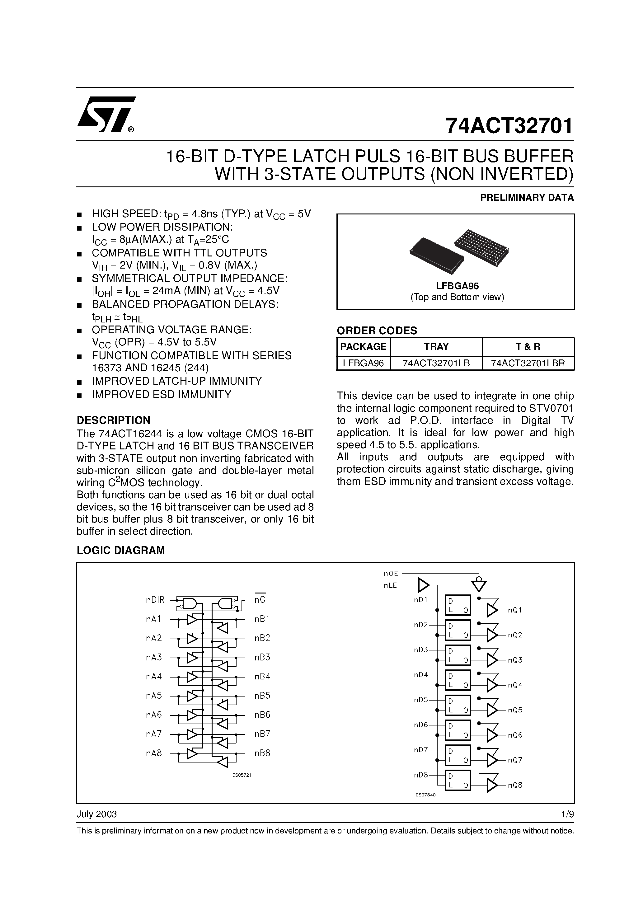 Datasheet 74ACT32701LBR - 16-BIT D-TYPE LATCH PULS 16-BIT BUS BUFFER WITH 3-STATE OUTPUTS (NON INVERTED) page 1