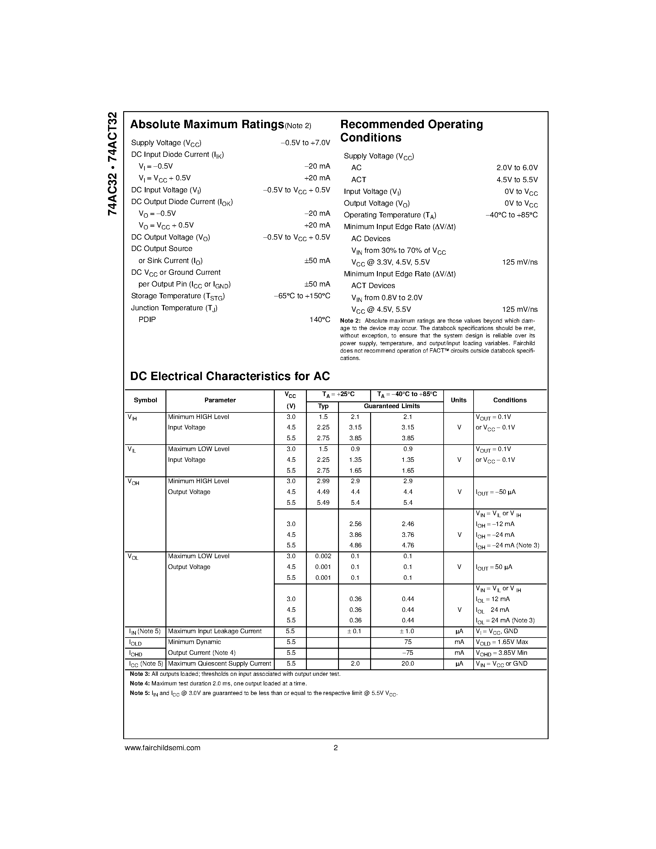 Datasheet 74ACT32PC page 2 Datasheet 74ACT32PC - Quiet Series Quad 2-Input OR Gate page 2