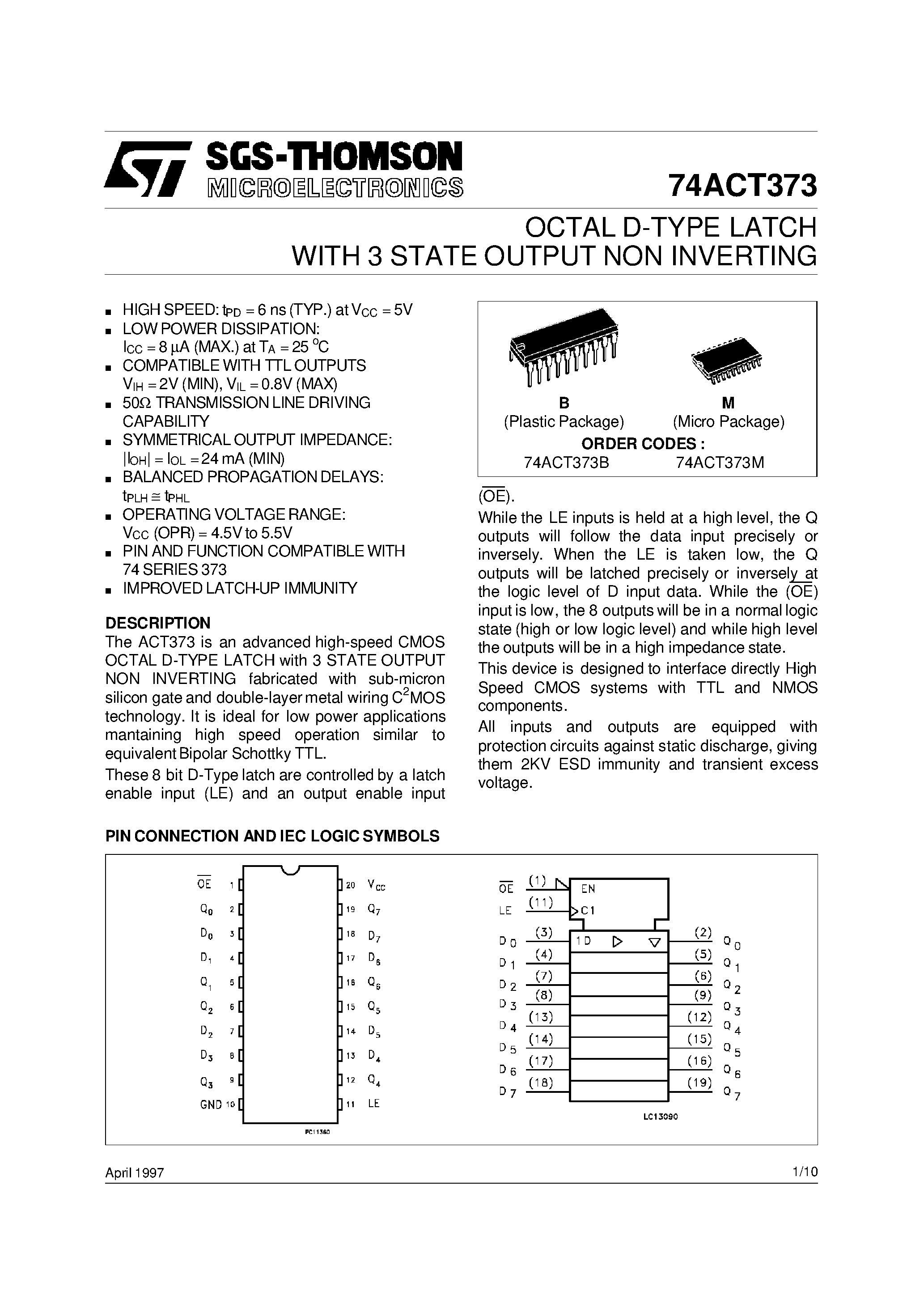 Datasheet 74ACT373B - OCTAL D-TYPE LATCH WITH 3 STATE OUTPUT NON INVERTING page 1