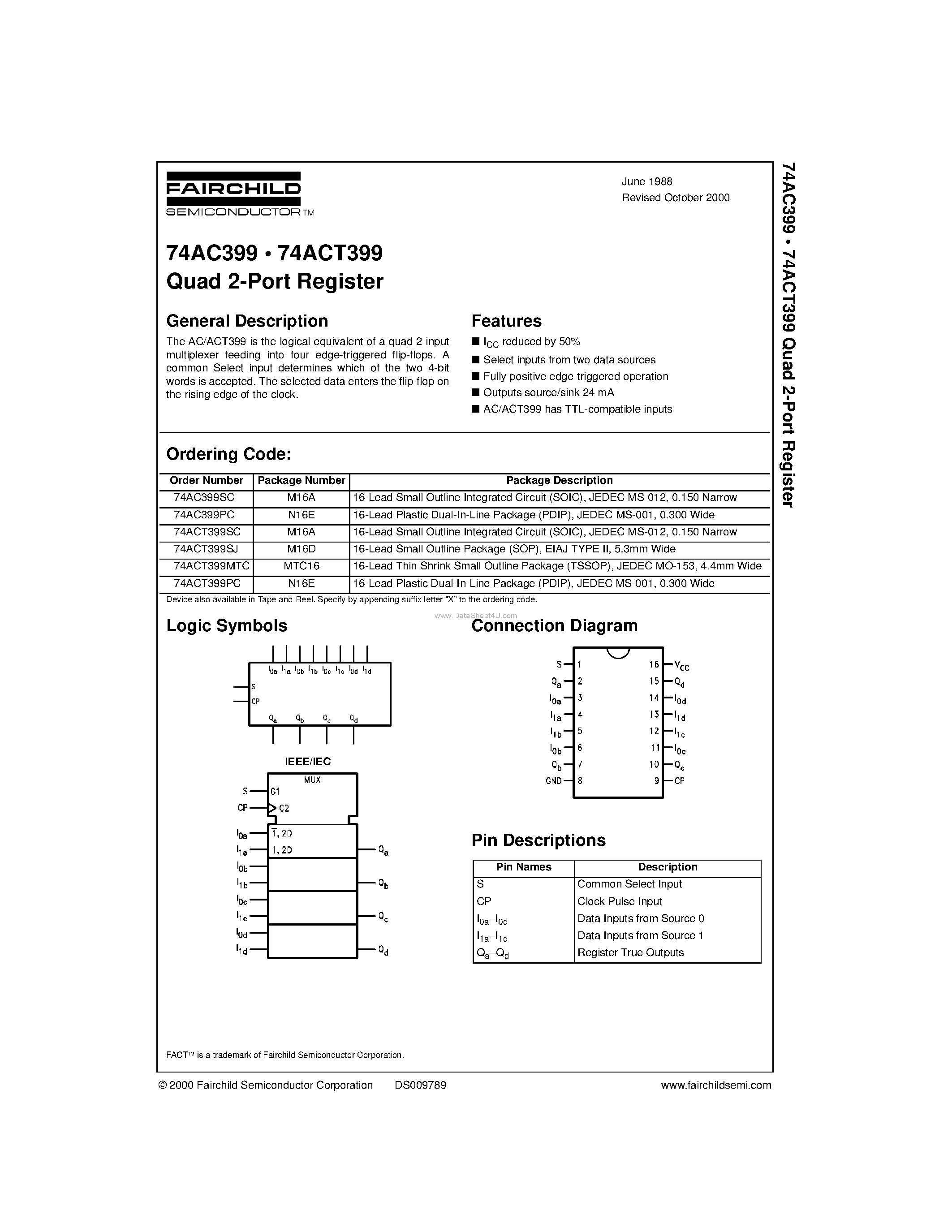 Datasheet 74ACT399SC - Quad 2-Port Register page 1