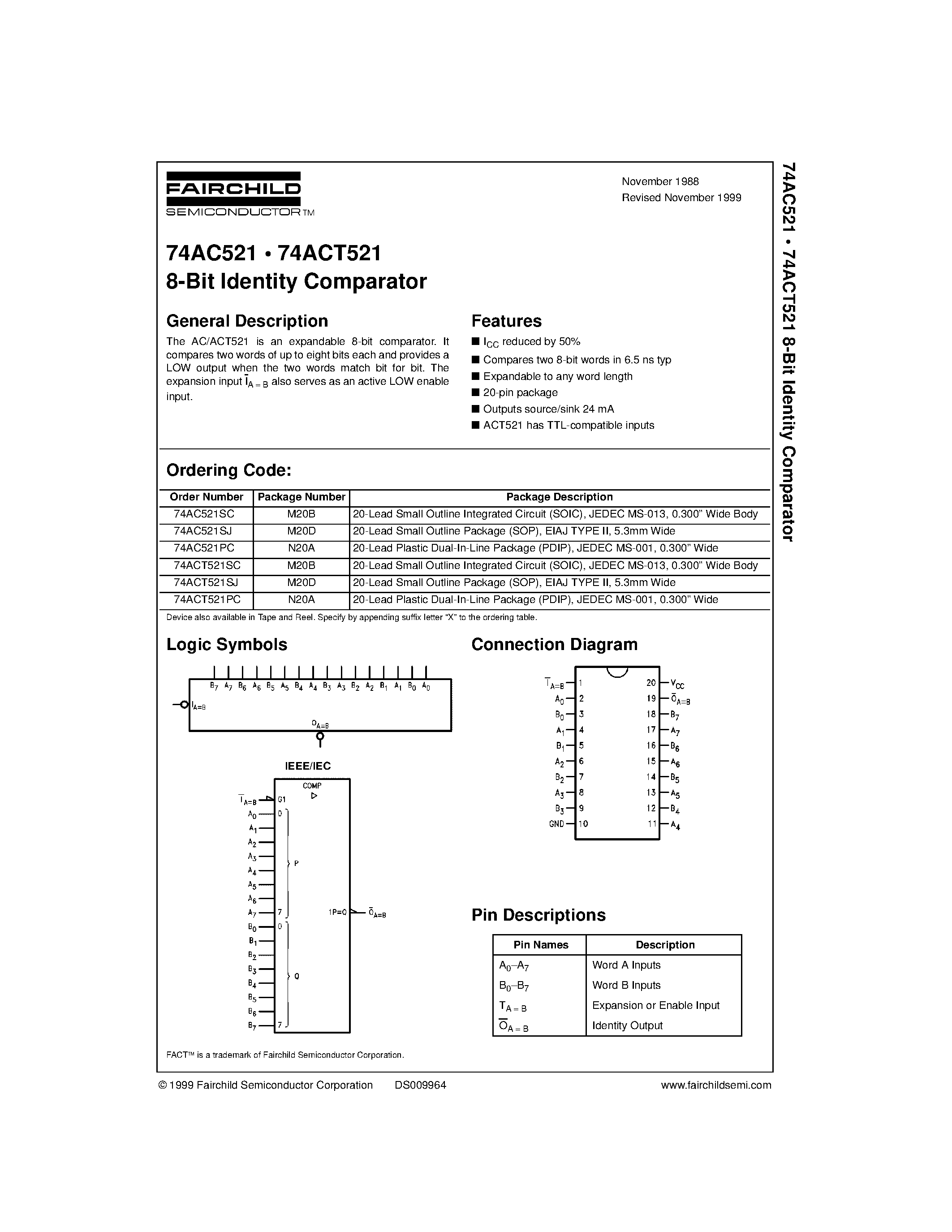 Datasheet 74ACT521 page 1 Datasheet 74ACT521 - 8-Bit Identity Comparator page 1