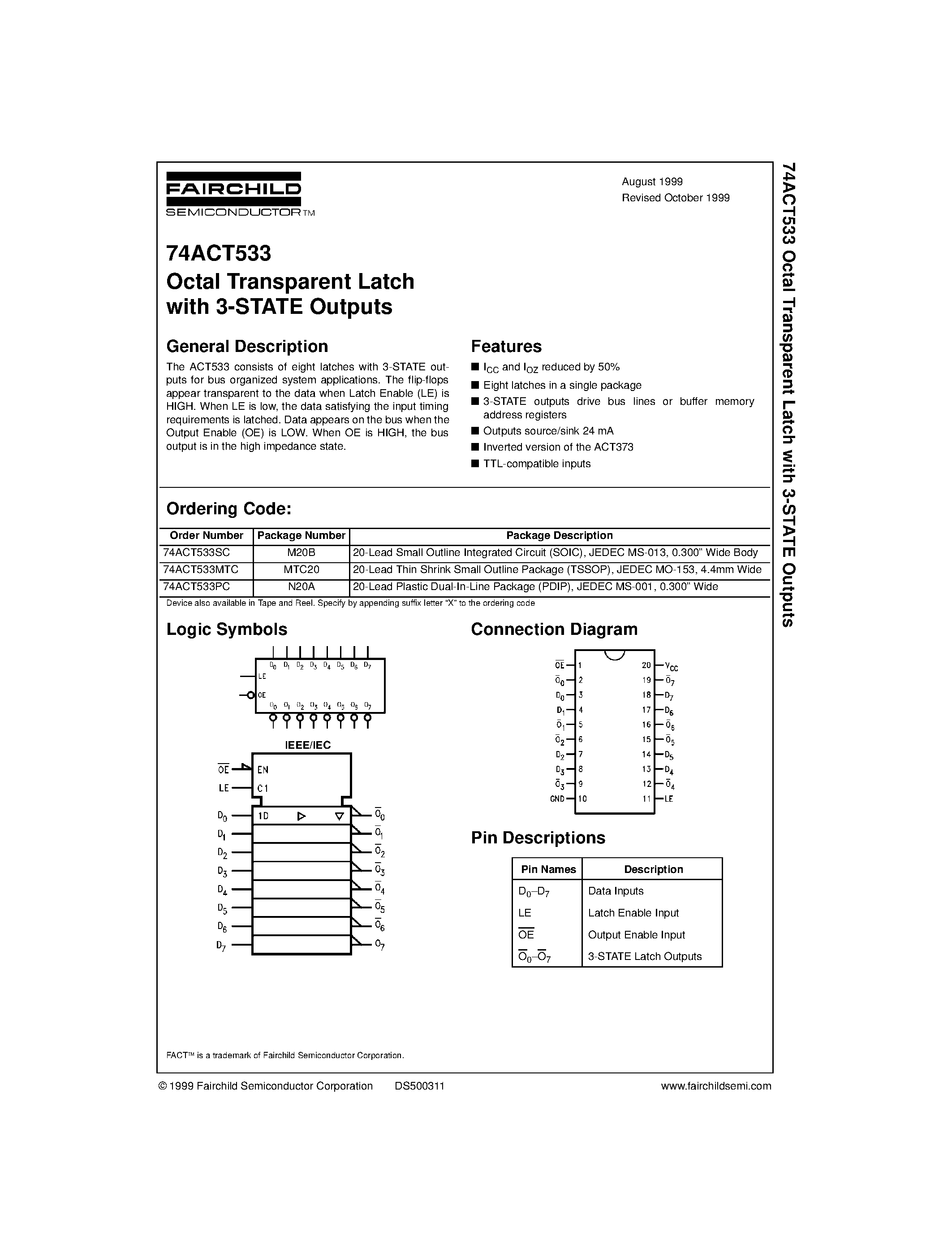 Datasheet 74ACT533PC - Octal Transparent Latch with 3-STATE Outputs page 1