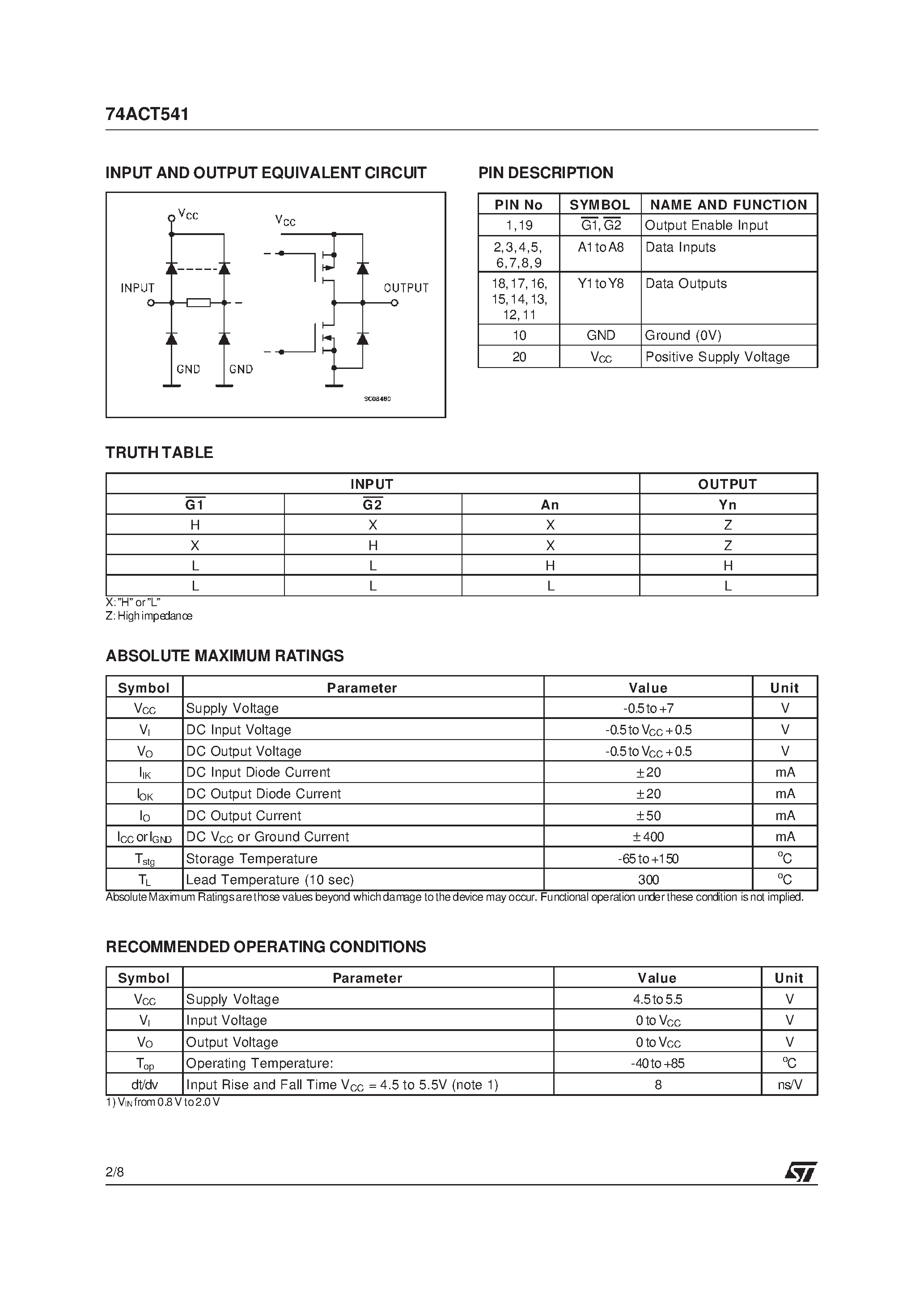 Datasheet 74ACT541 - OCTAL BUS BUFFER WITH 3 STATE OUTPUTS NON INVERTED page 2