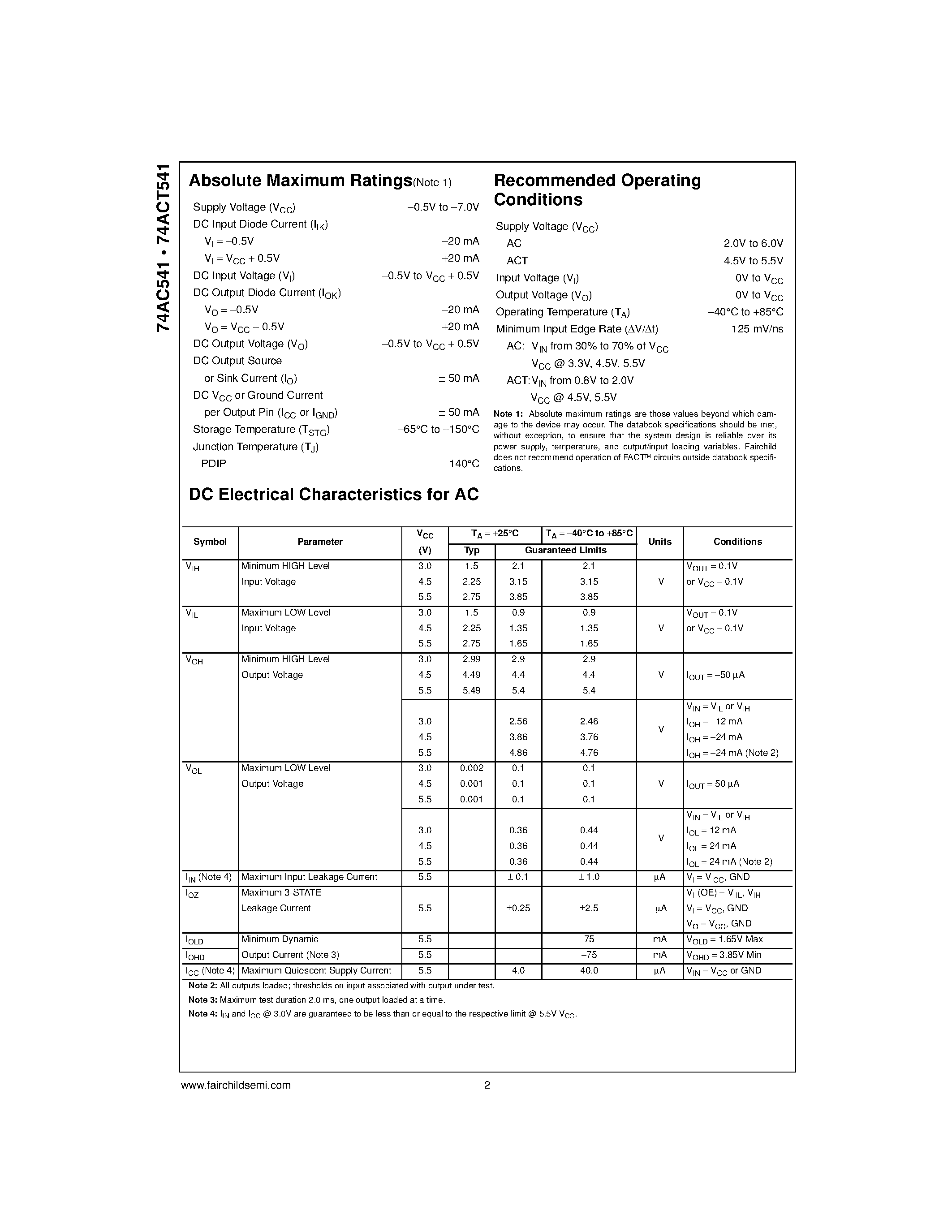 Datasheet 74ACT541 - Octal Buffer/Line Driver with 3-STATE Outputs page 2