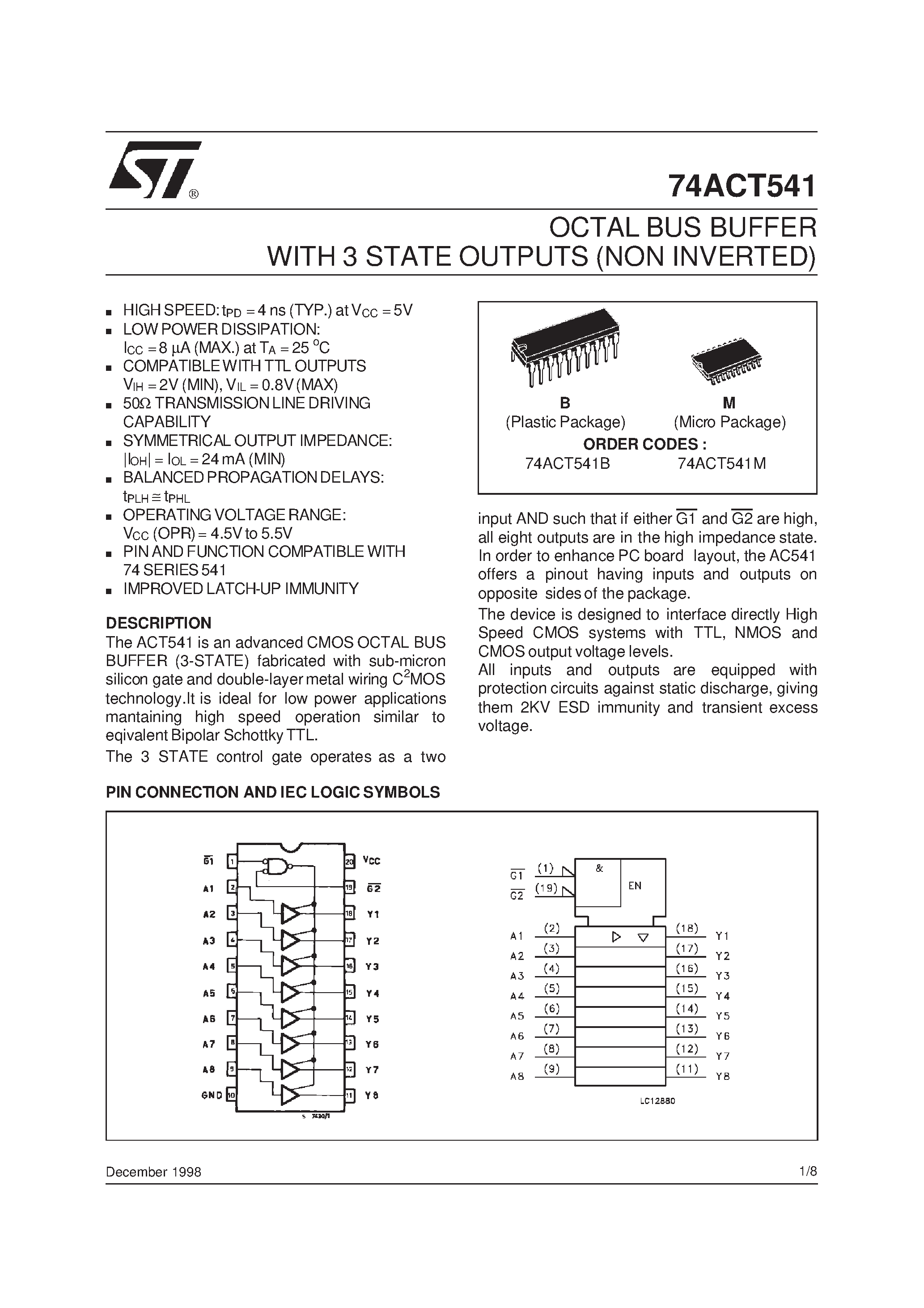 Datasheet 74ACT541M - OCTAL BUS BUFFER WITH 3 STATE OUTPUTS NON INVERTED page 1