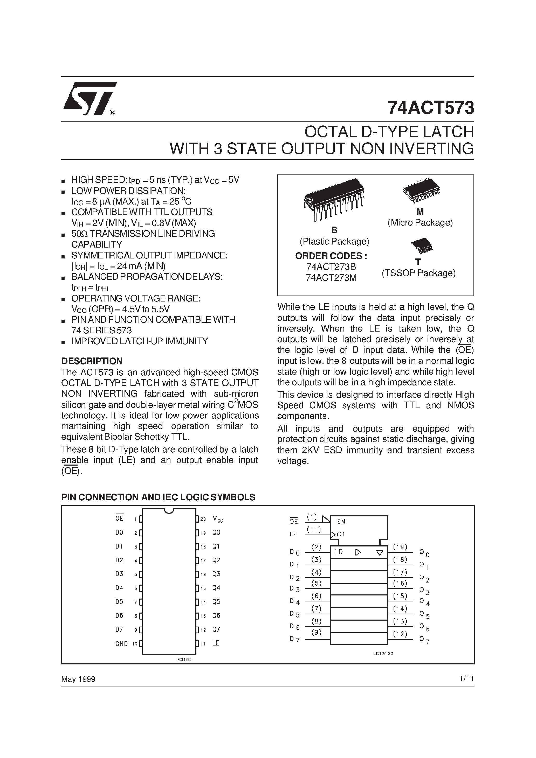 Datasheet 74ACT573 - OCTAL D-TYPE LATCH WITH 3 STATE OUTPUT NON INVERTING page 1
