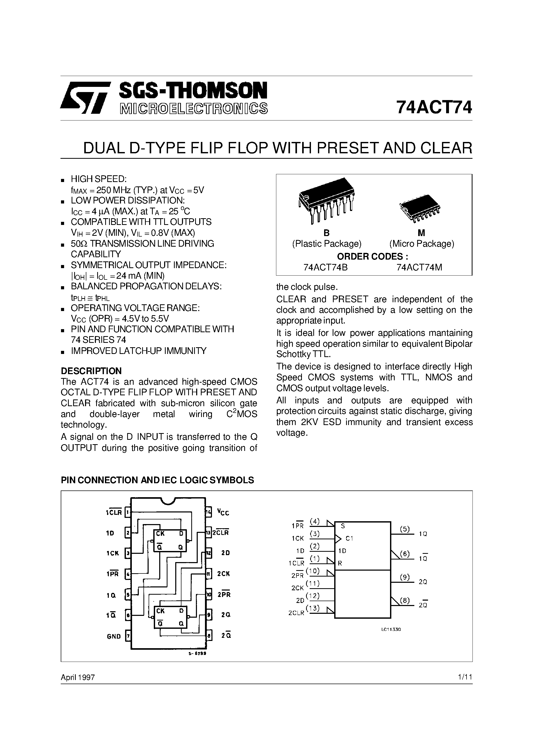 Datasheet 74ACT74B - DUAL D-TYPE FLIP FLOP WITH PRESET AND CLEAR page 1