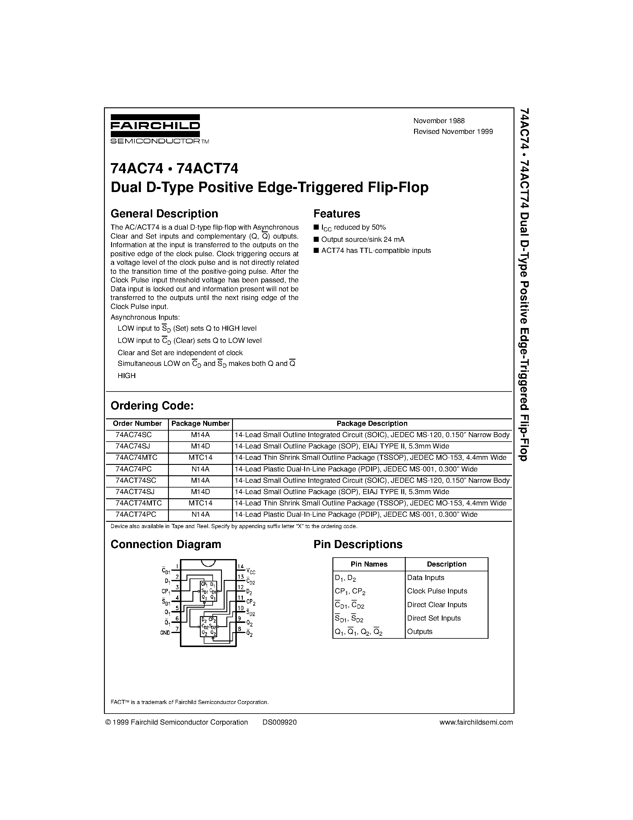 Datasheet 74ACT74MTC - Dual D-Type Positive Edge-Triggered Flip-Flop page 1