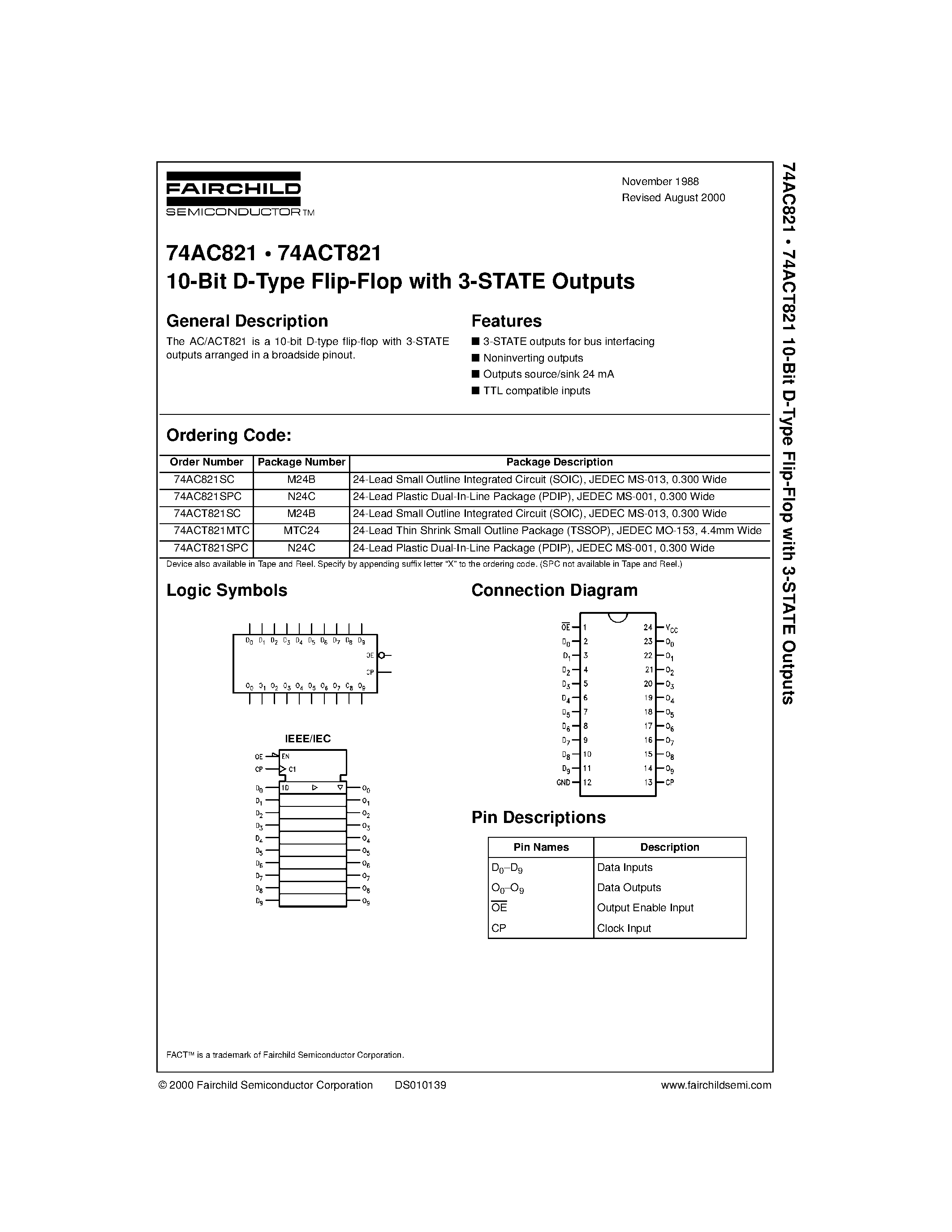 Datasheet 74ACT821 - 10-Bit D-Type Flip-Flop with 3-STATE Outputs page 1