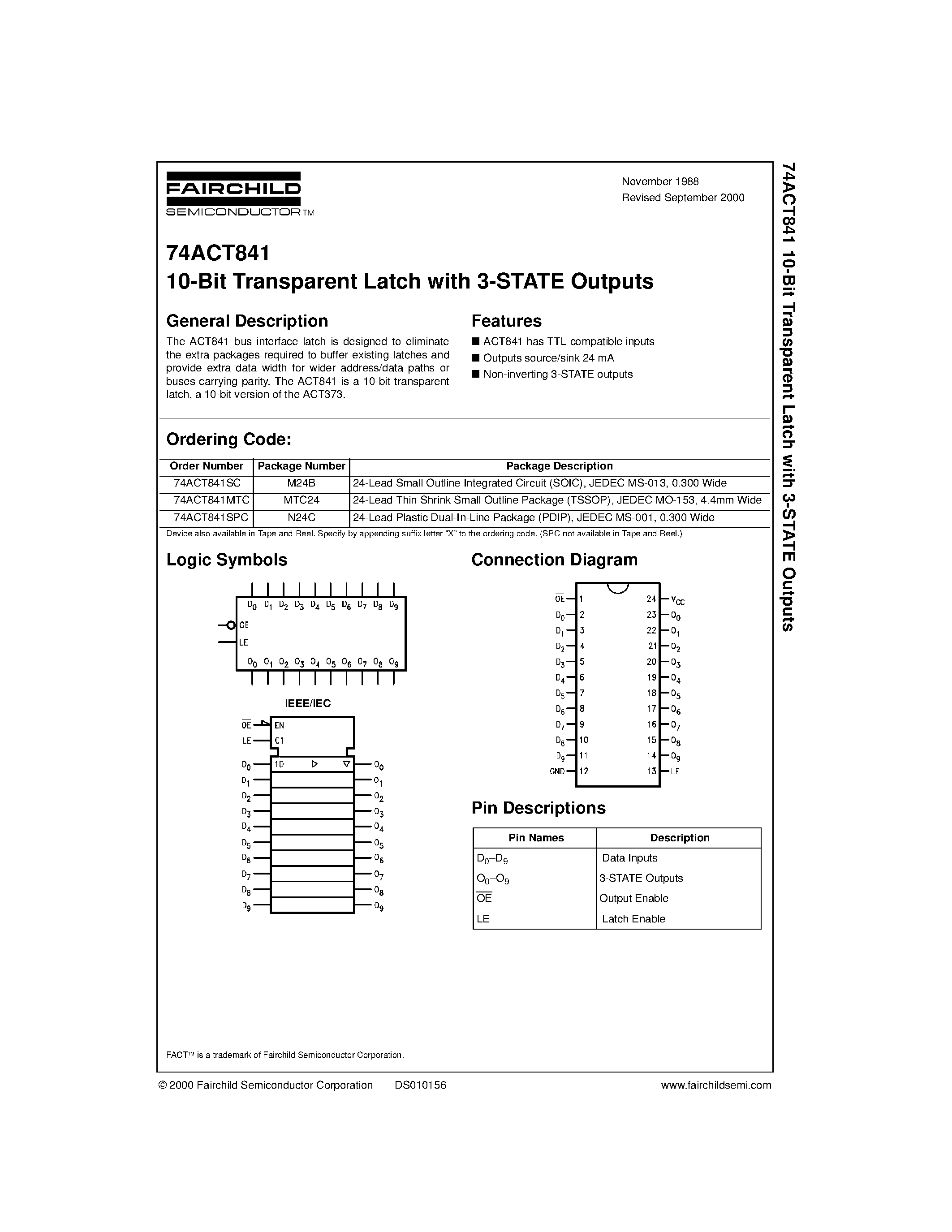 Datasheet 74ACT841SC - 10-Bit Transparent Latch with 3-STATE Outputs page 1