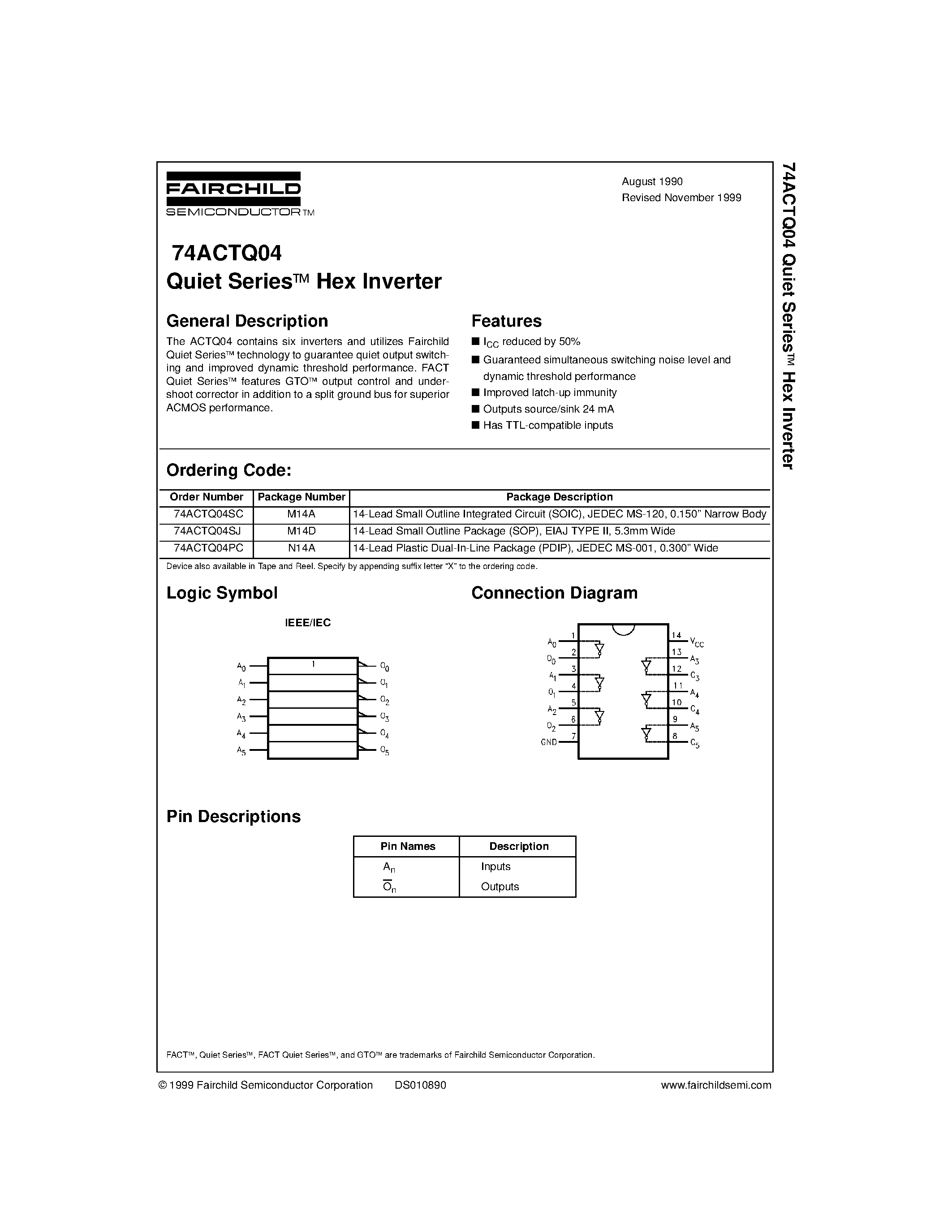 Datasheet 74ACTQ04SJ - Quiet Series Hex Inverter page 1