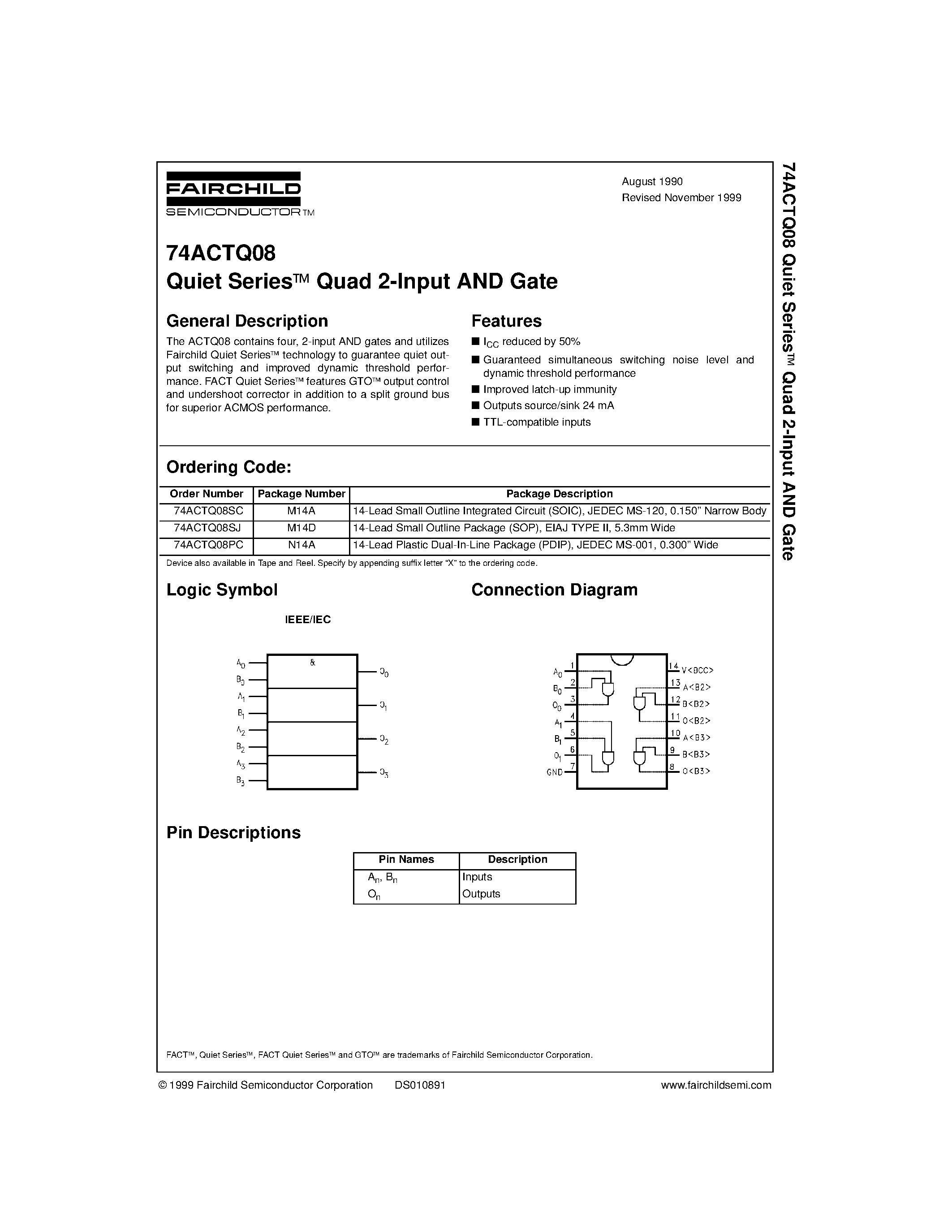 Datasheet 74ACTQ08PC - Quiet Series Quad 2-Input AND Gate page 1