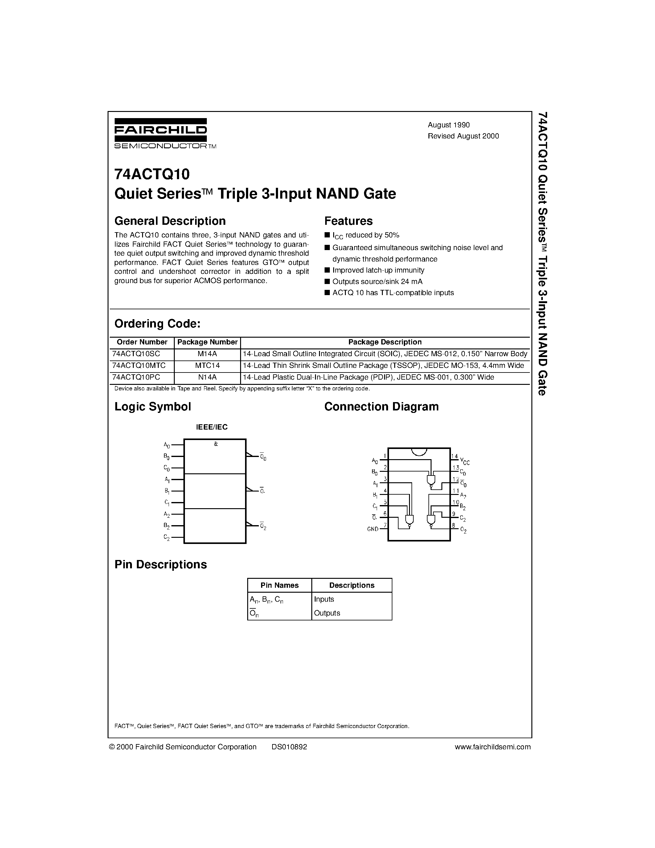 Datasheet 74ACTQ10MTC - Quiet Series Triple 3-Input NAND Gate page 1