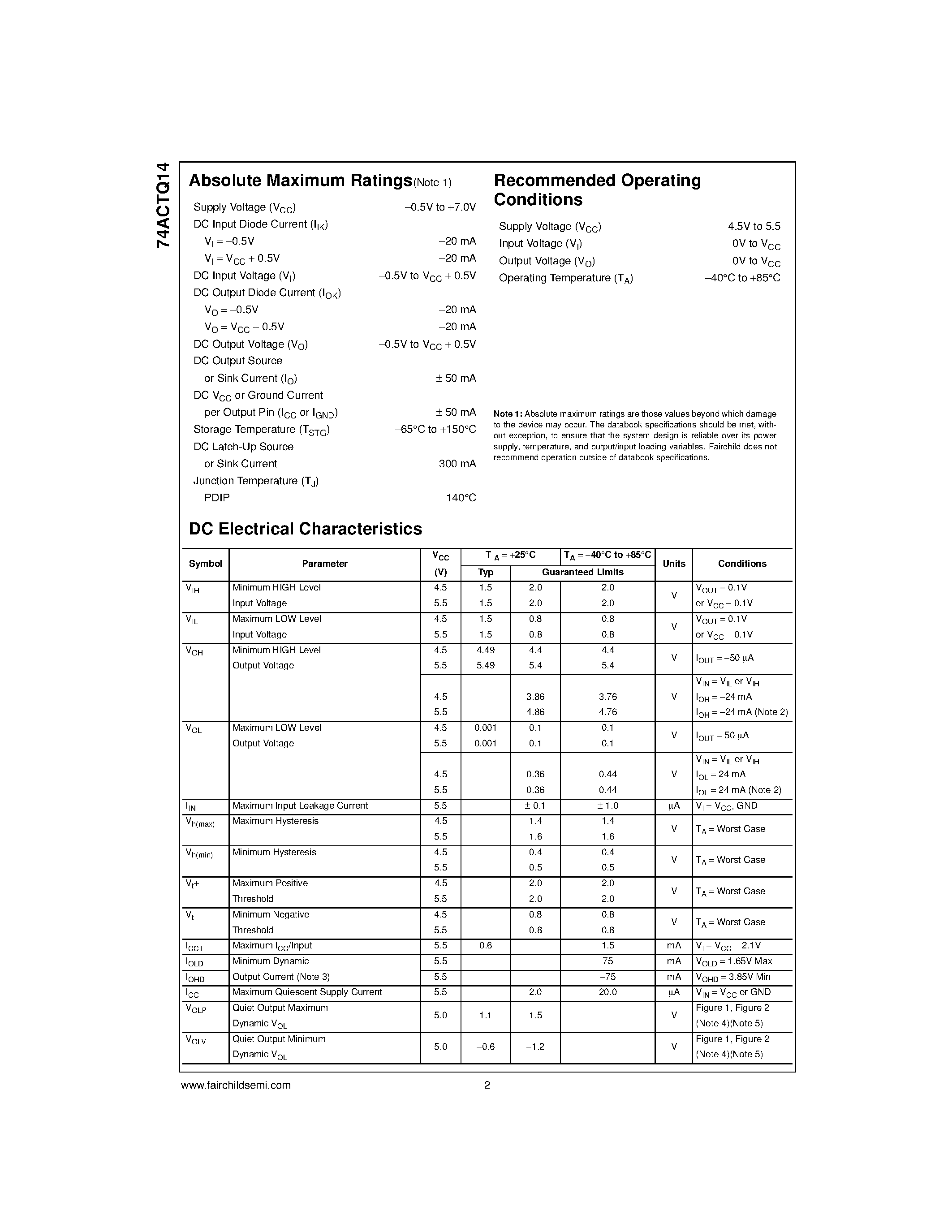 Даташит на микросхему 74ACTQ14 страница 2 Даташит 74ACTQ14 - Quiet Series Hex Inverter with Schmitt Trigger Input страница 2