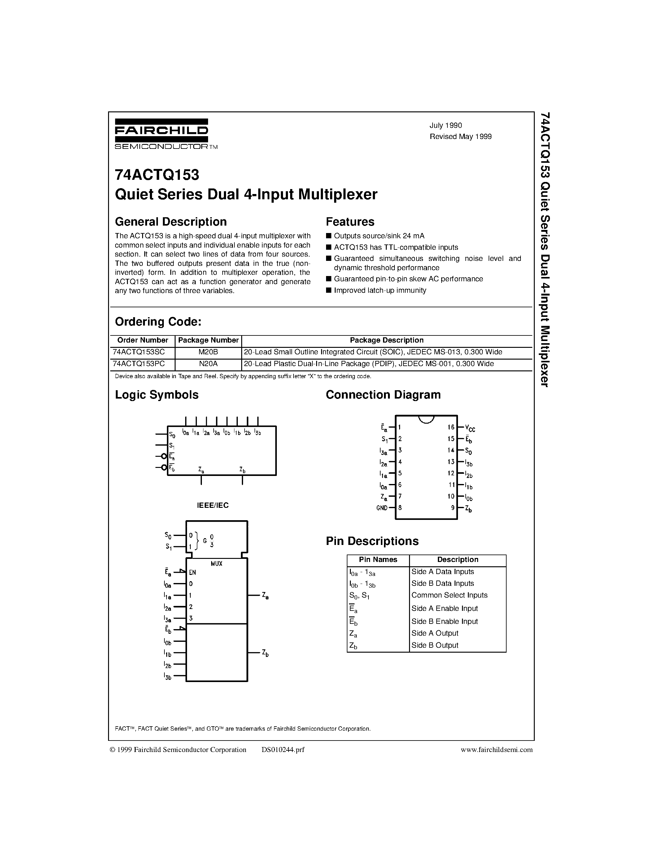 Datasheet 74ACTQ153 - Quiet Series Dual 4-Input Multiplexer page 1