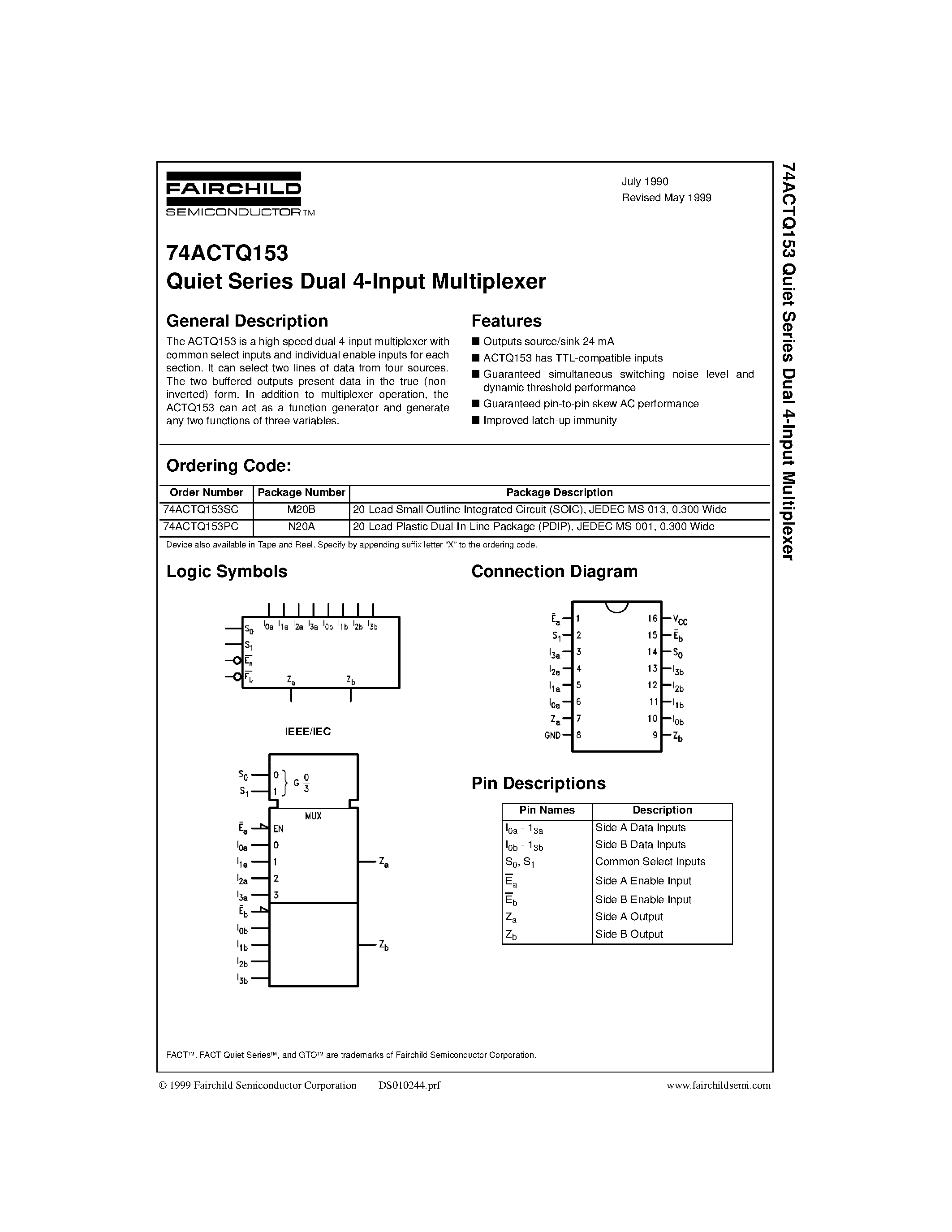 Даташит 74ACTQ153PC - Quiet Series Dual 4-Input Multiplexer страница 1