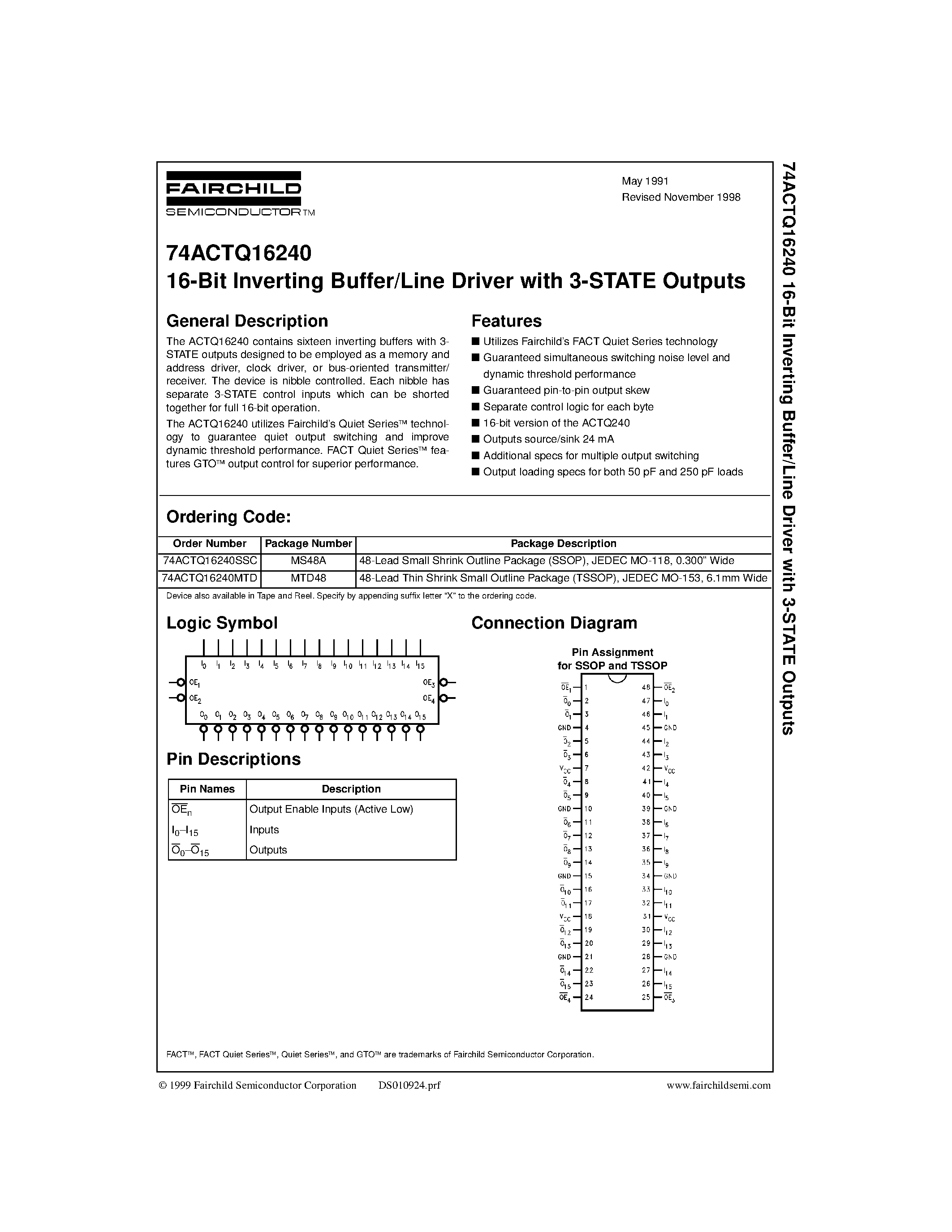 Даташит 74ACTQ16240SSC - 16-Bit Inverting Buffer/Line Driver with 3-STATE Outputs страница 1