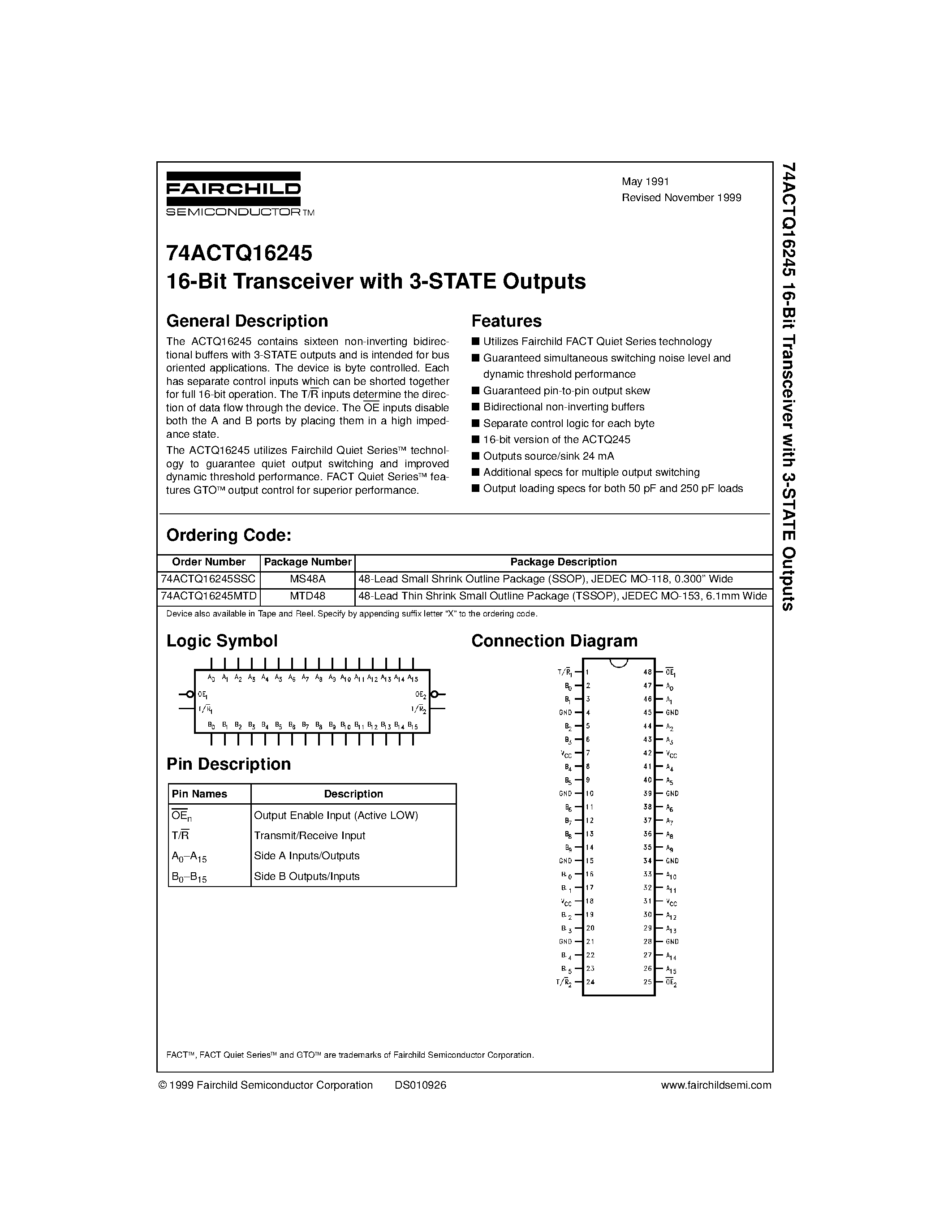 Datasheet 74ACTQ16245MTD - 16-Bit Transceiver with 3-STATE Outputs page 1