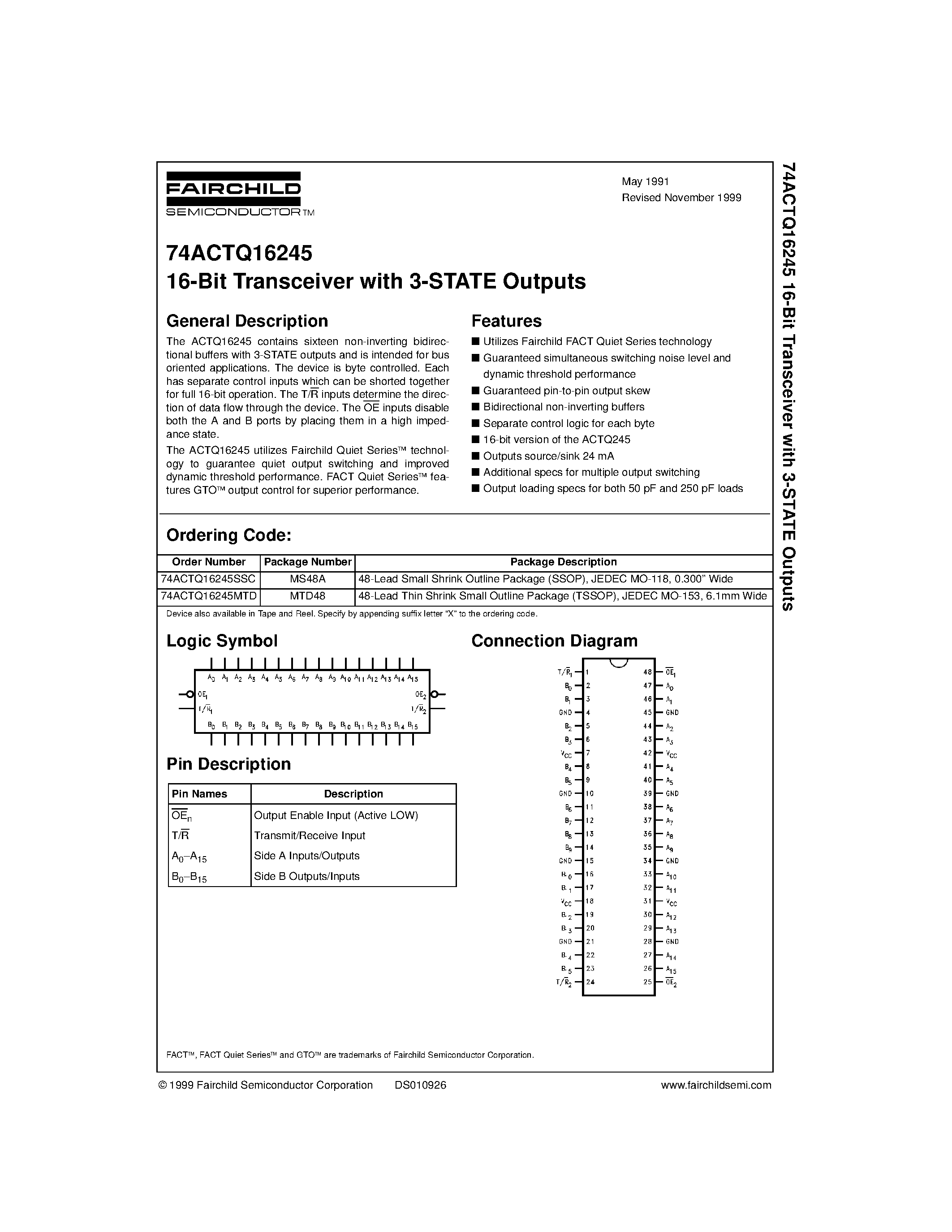 Даташит 74ACTQ16245SSC - 16-Bit Transceiver with 3-STATE Outputs страница 1