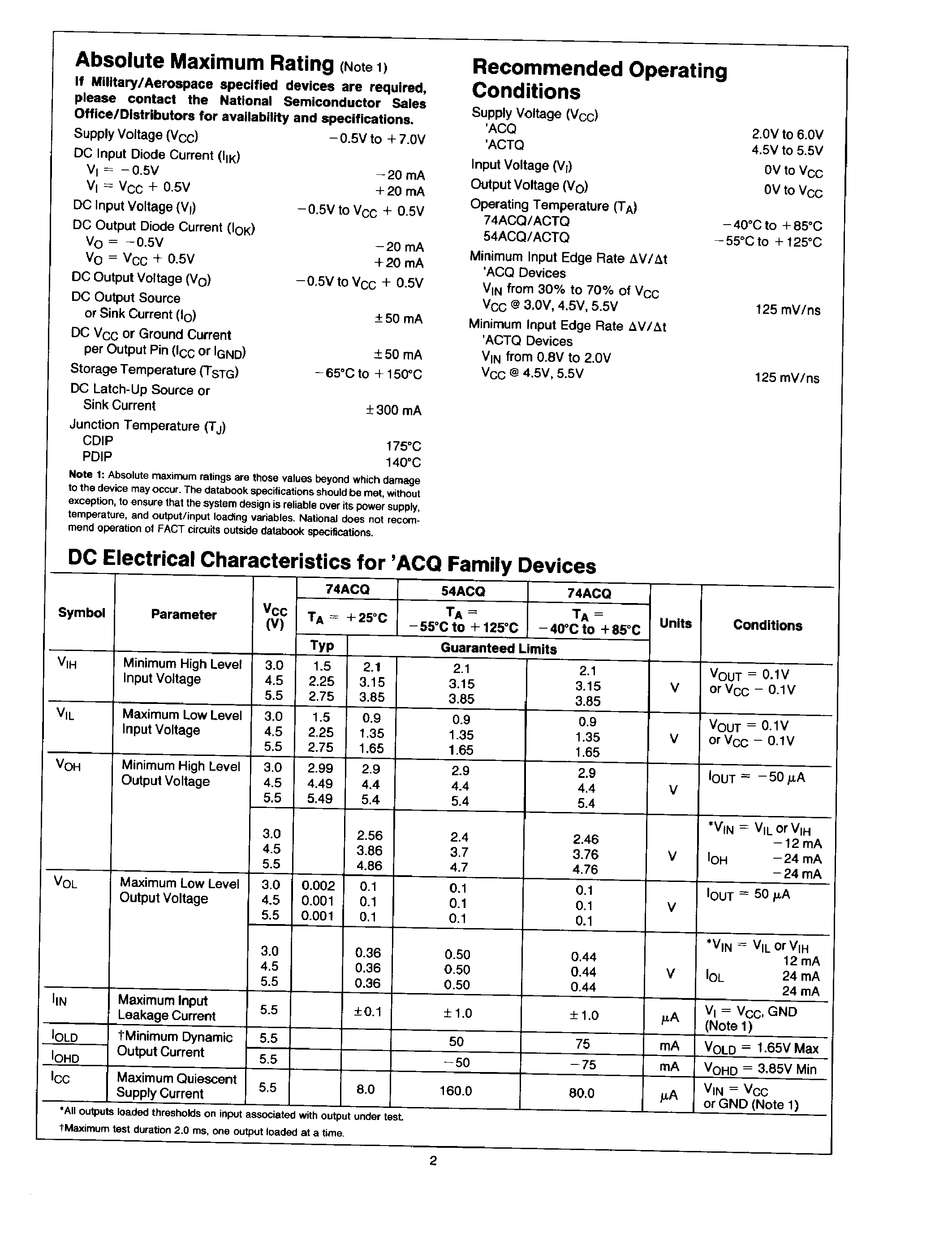 Datasheet 74ACTQ244D page 2 Datasheet 74ACTQ244D - Quiet Seres Octal Buffer/Line Driver with TRI-STATE Outputs page 2
