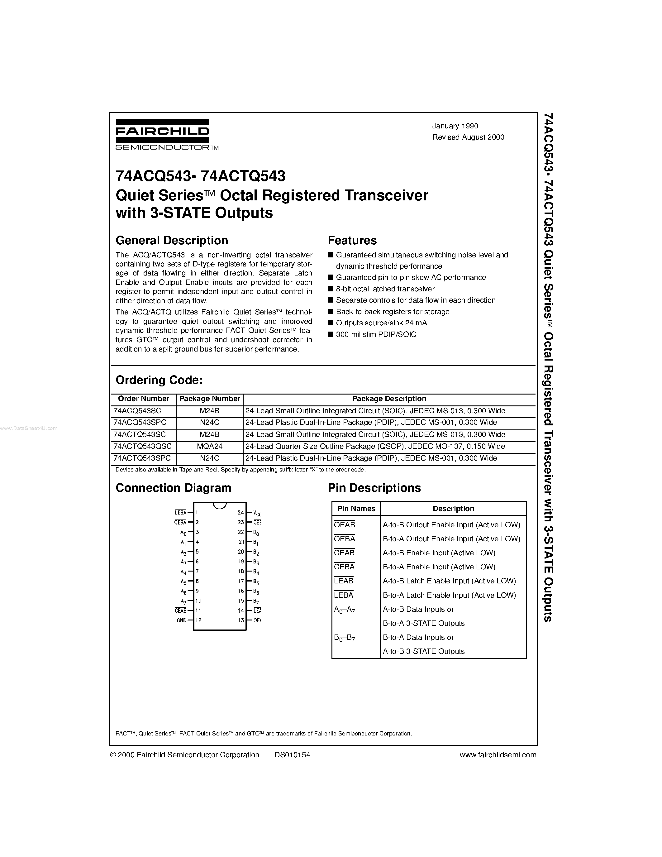 Datasheet 74ACTQ543 page 1 Datasheet 74ACTQ543 - Quiet Series Octal Registered Transceiver with 3-STATE Outputs page 1
