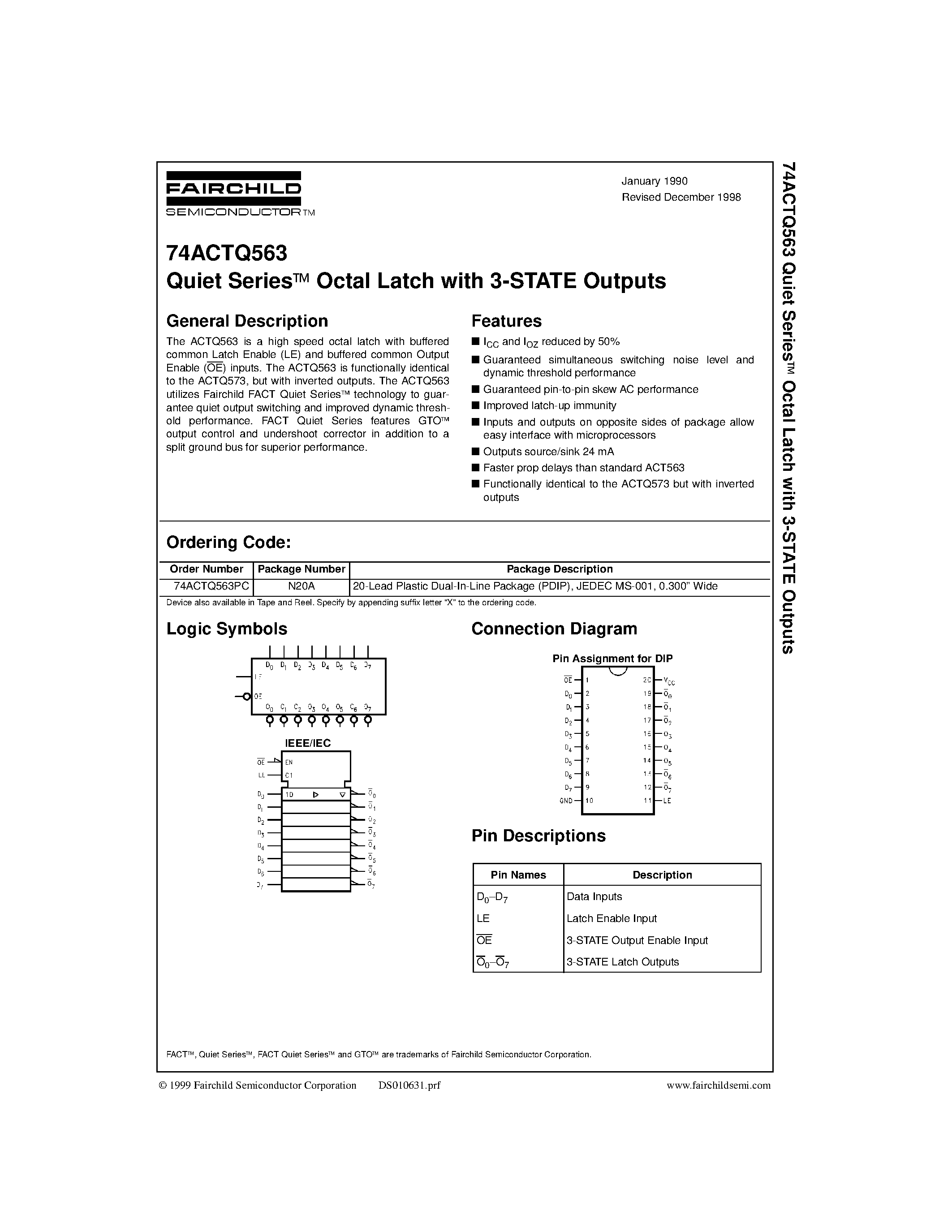 Даташит на микросхему 74ACTQ563PC страница 1 Даташит 74ACTQ563PC - Quiet Series Octal Latch with 3-STATE Outputs страница 1