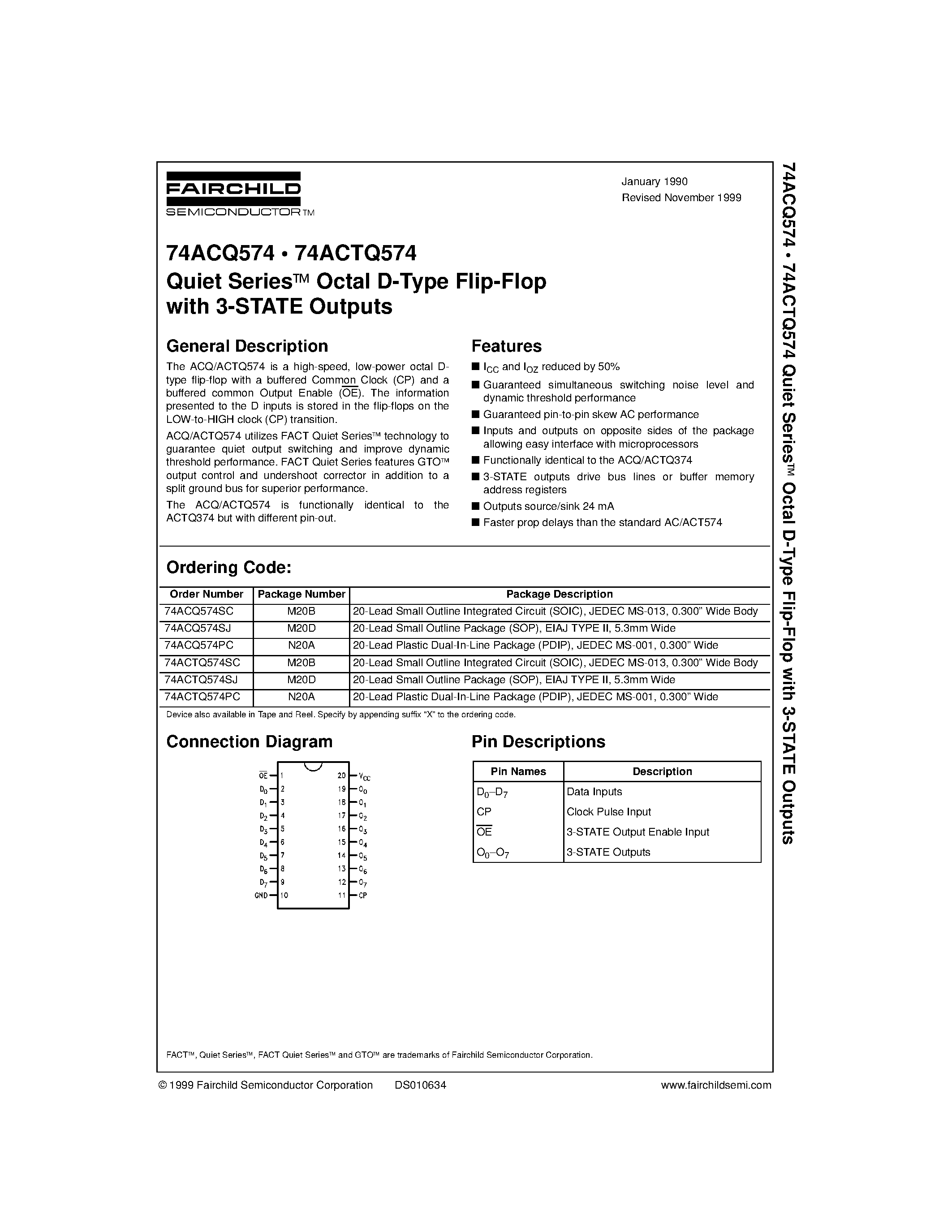Datasheet 74ACTQ574PC - Quiet Series Octal D-Type Flip-Flop with 3-STATE Outputs page 1