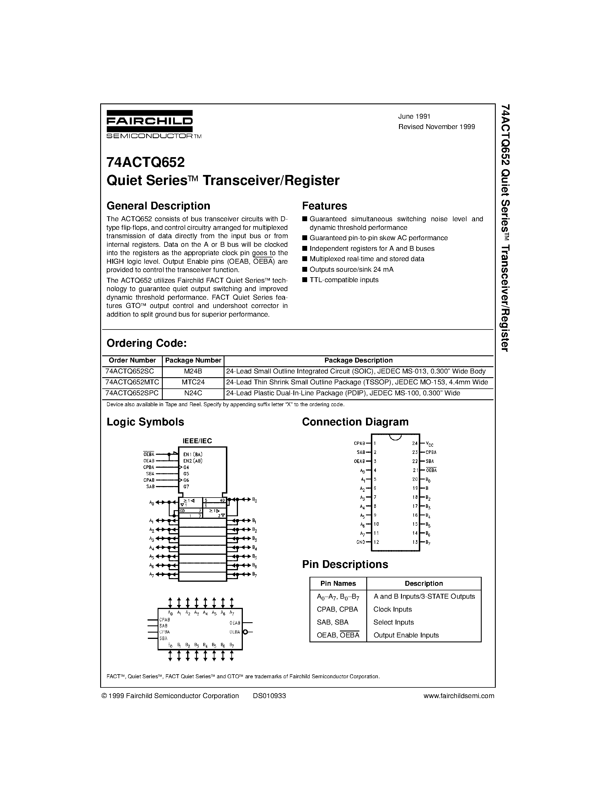 Datasheet 74ACTQ652SPC - Quiet Series Transceiver/Register page 1