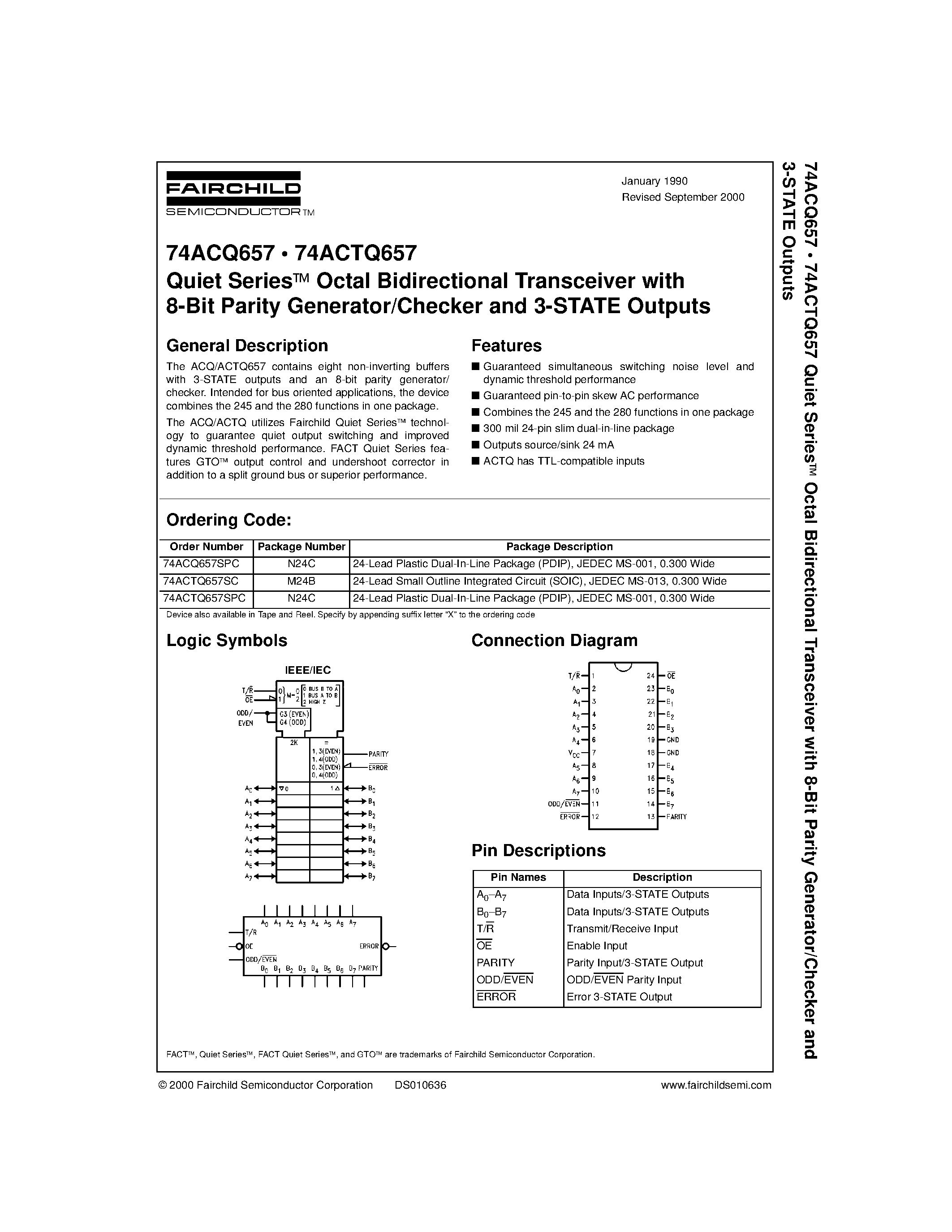 Datasheet 74ACTQ657SPC - Quiet Series Octal Bidirectional Transceiver with 8-Bit Parity Generator/Checker and 3-STATE Outputs page 1