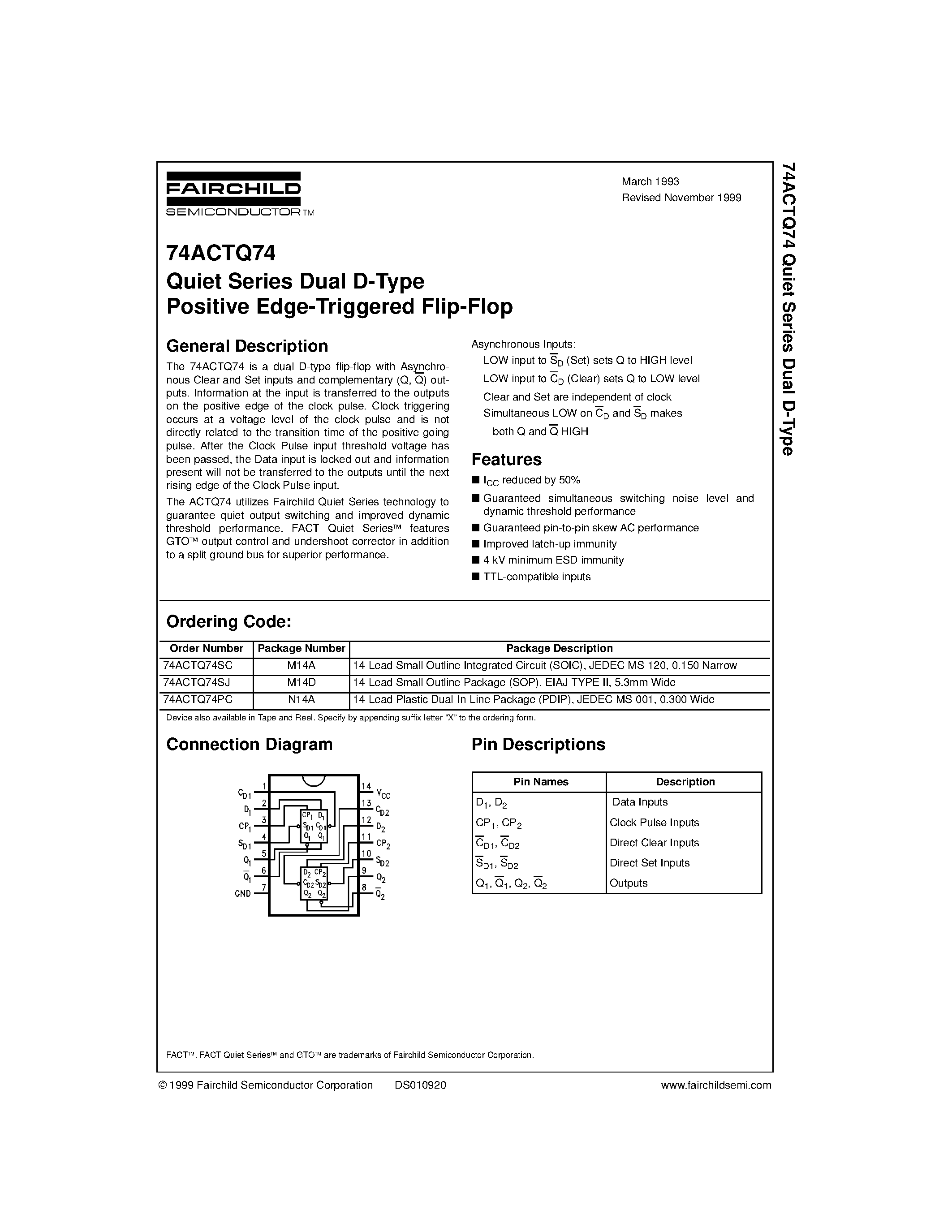 Datasheet 74ACTQ74SC - Quiet Series Dual D-Type Positive Edge-Triggered Flip-Flop page 1