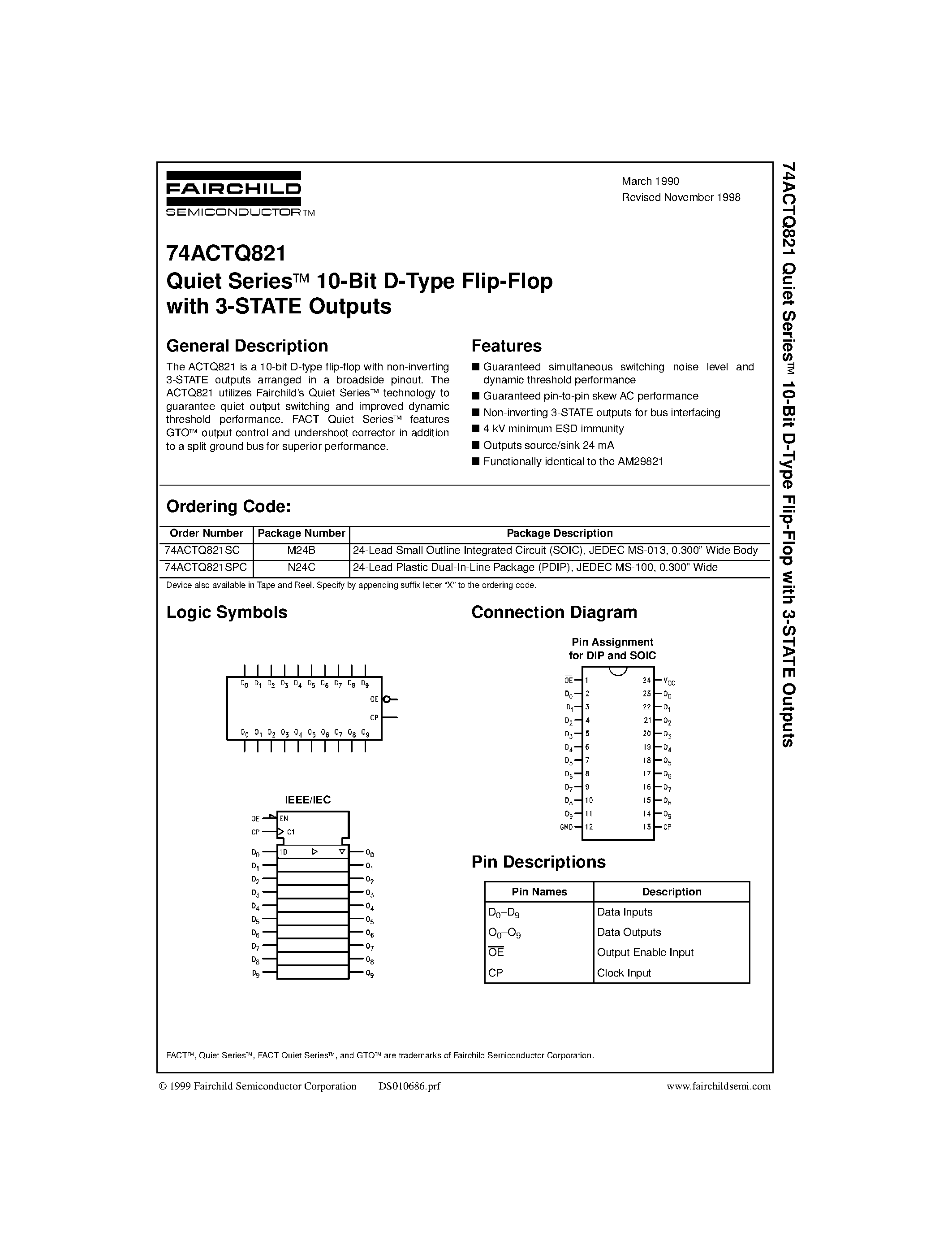 Даташит 74ACTQ821 - Quiet Seriesa 10-Bit D-Type Flip-Flop with 3-STATE Outputs страница 1