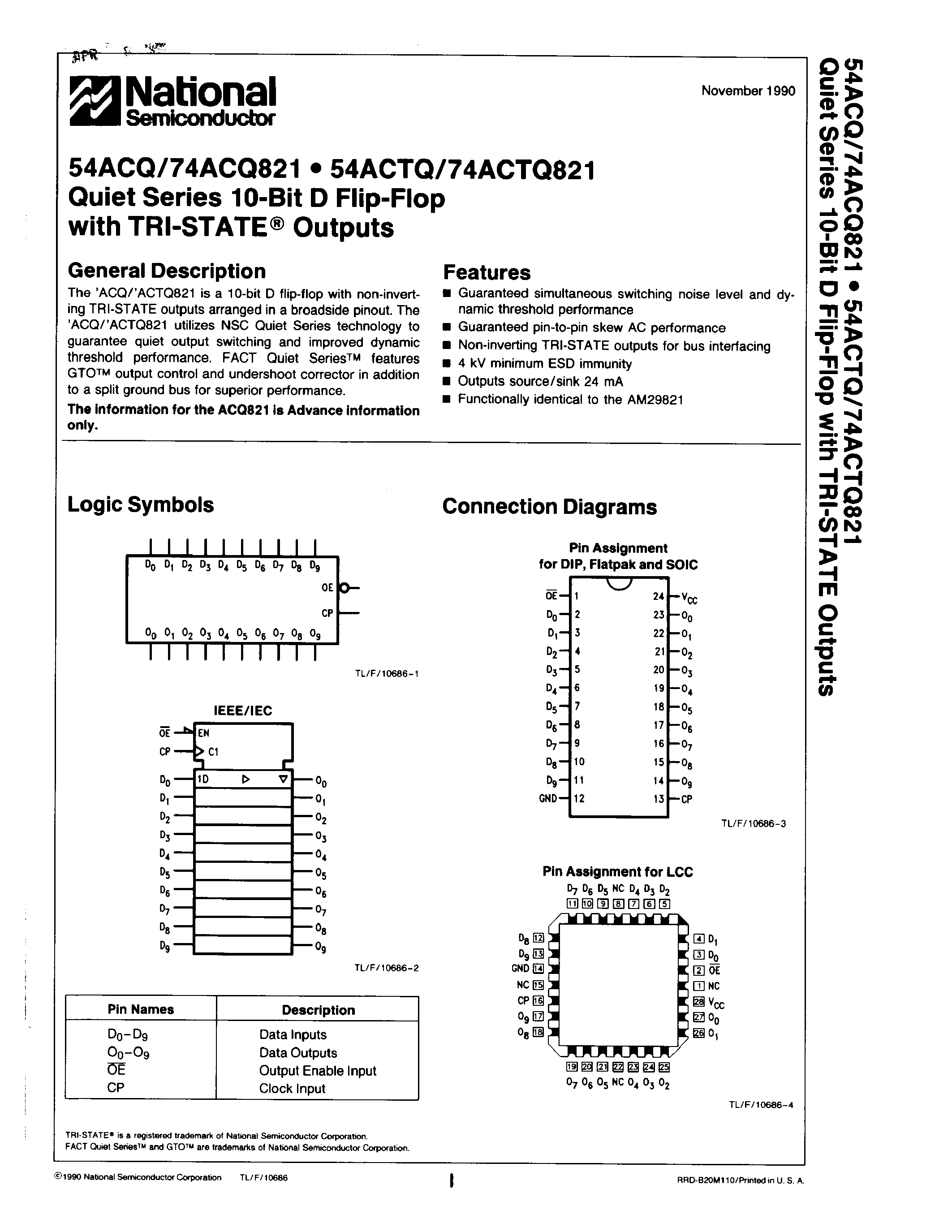 Datasheet 74ACTQ821SD - Quiet Series 10-Bit D Flip-Flop with TRI-STATE Outputs page 1