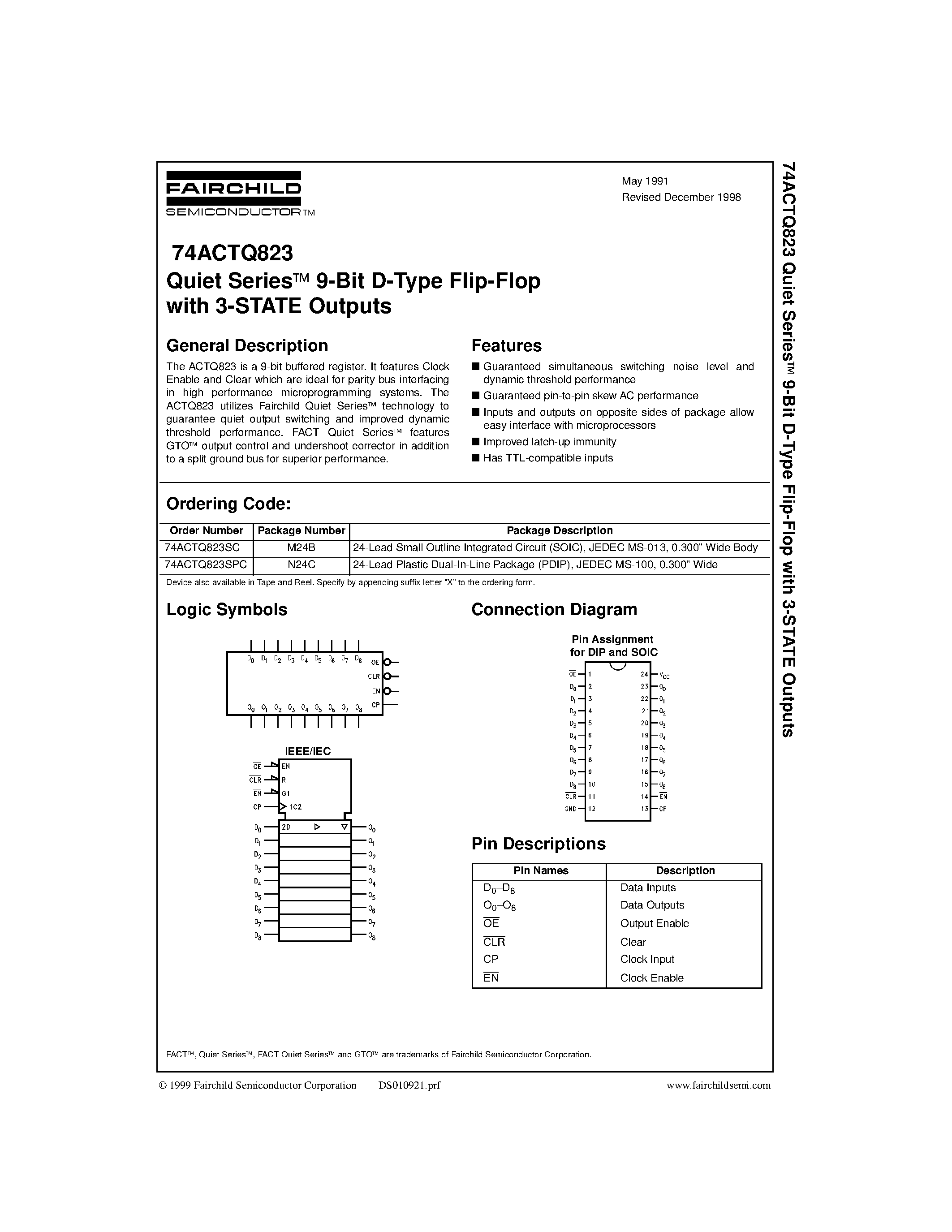 Даташит 74ACTQ823 - Quiet Seriesa 9-Bit D-Type Flip-Flop with 3-STATE Outputs страница 1