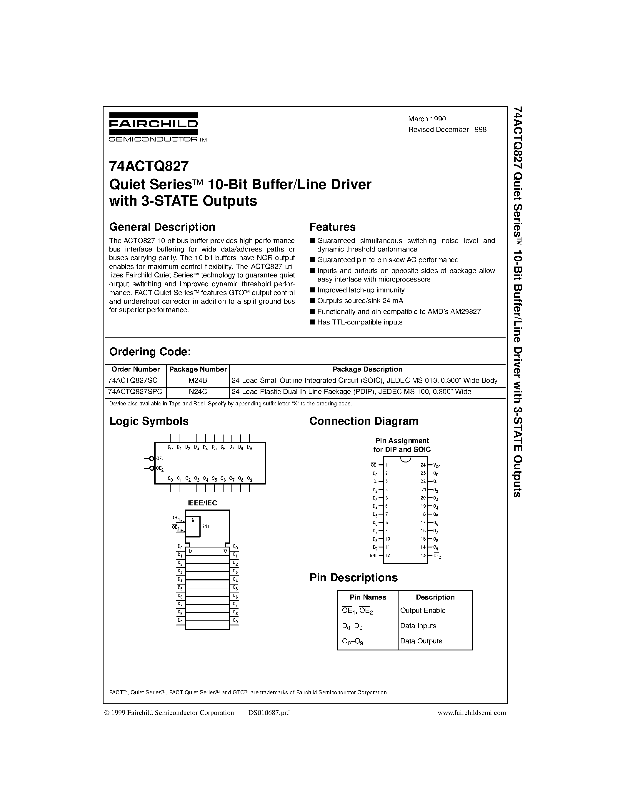 Datasheet 74ACTQ827SC - Quiet Seriesa 10-Bit Buffer/Line Driver with 3-STATE Outputs page 1