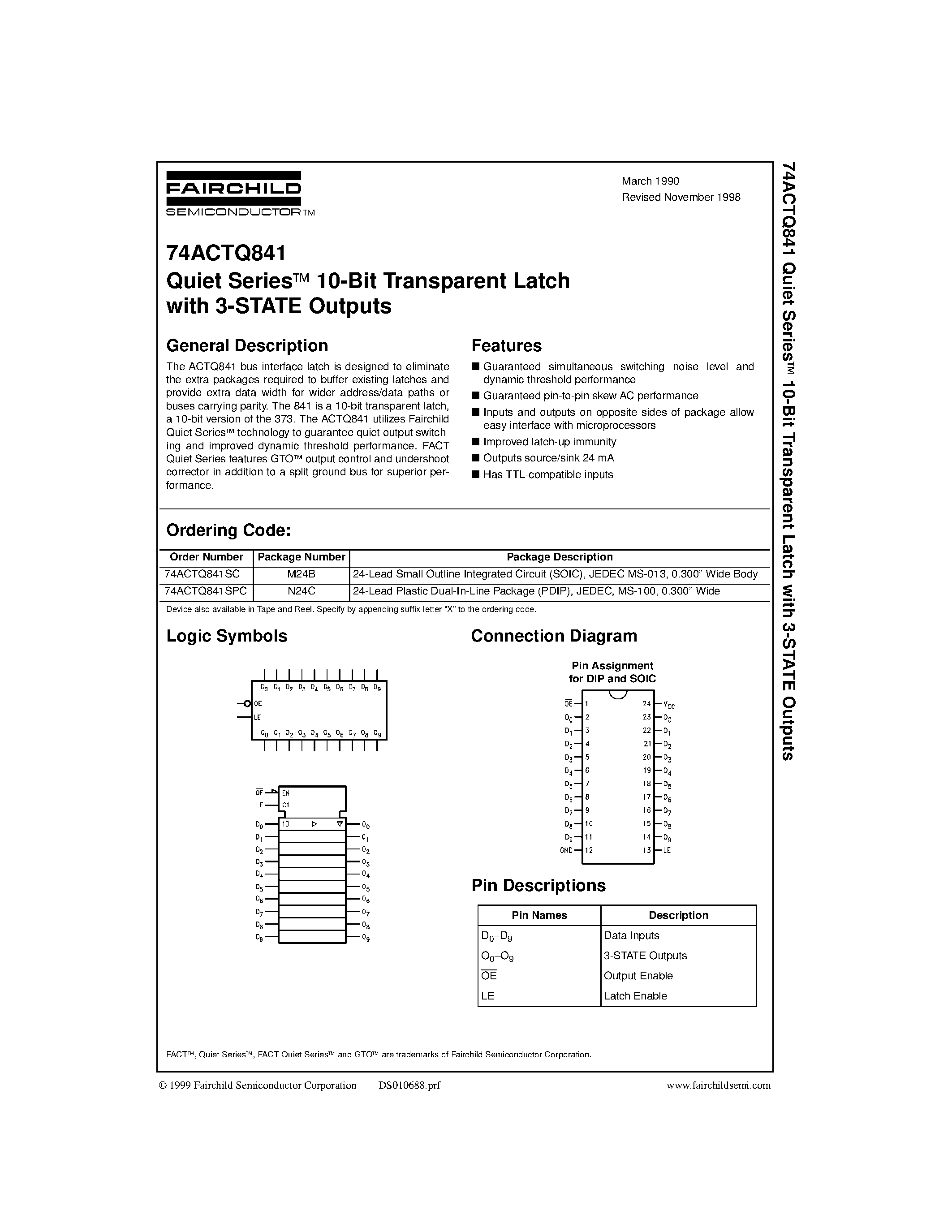 Даташит 74ACTQ841SPC - Quiet Seriesa 10-Bit Transparent Latch with 3-STATE Outputs страница 1