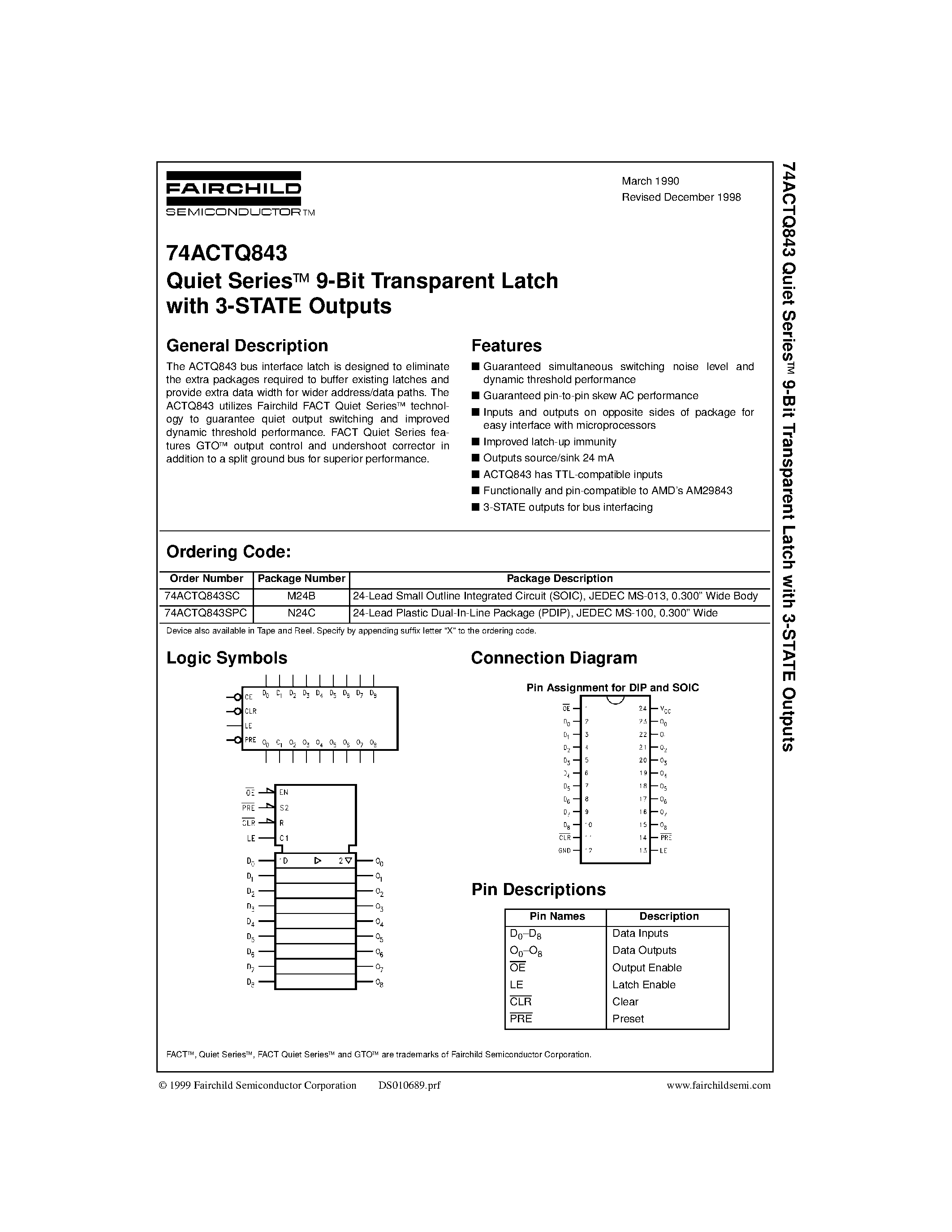 Даташит 74ACTQ843 - Quiet Seriesa 9-Bit Transparent Latch with 3-STATE Outputs страница 1