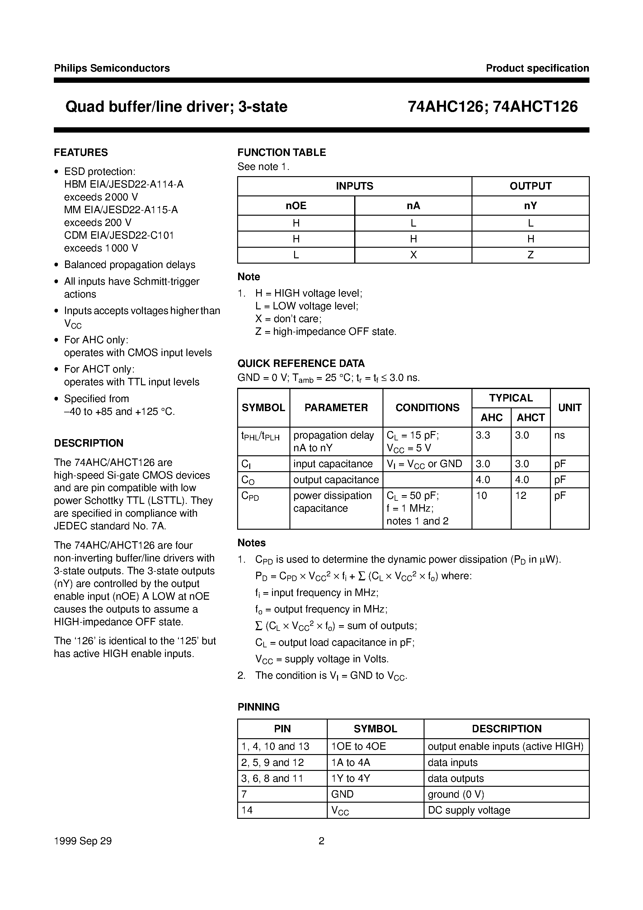 Datasheet 74AHC126 - Quad buffer/line driver; 3-state page 2