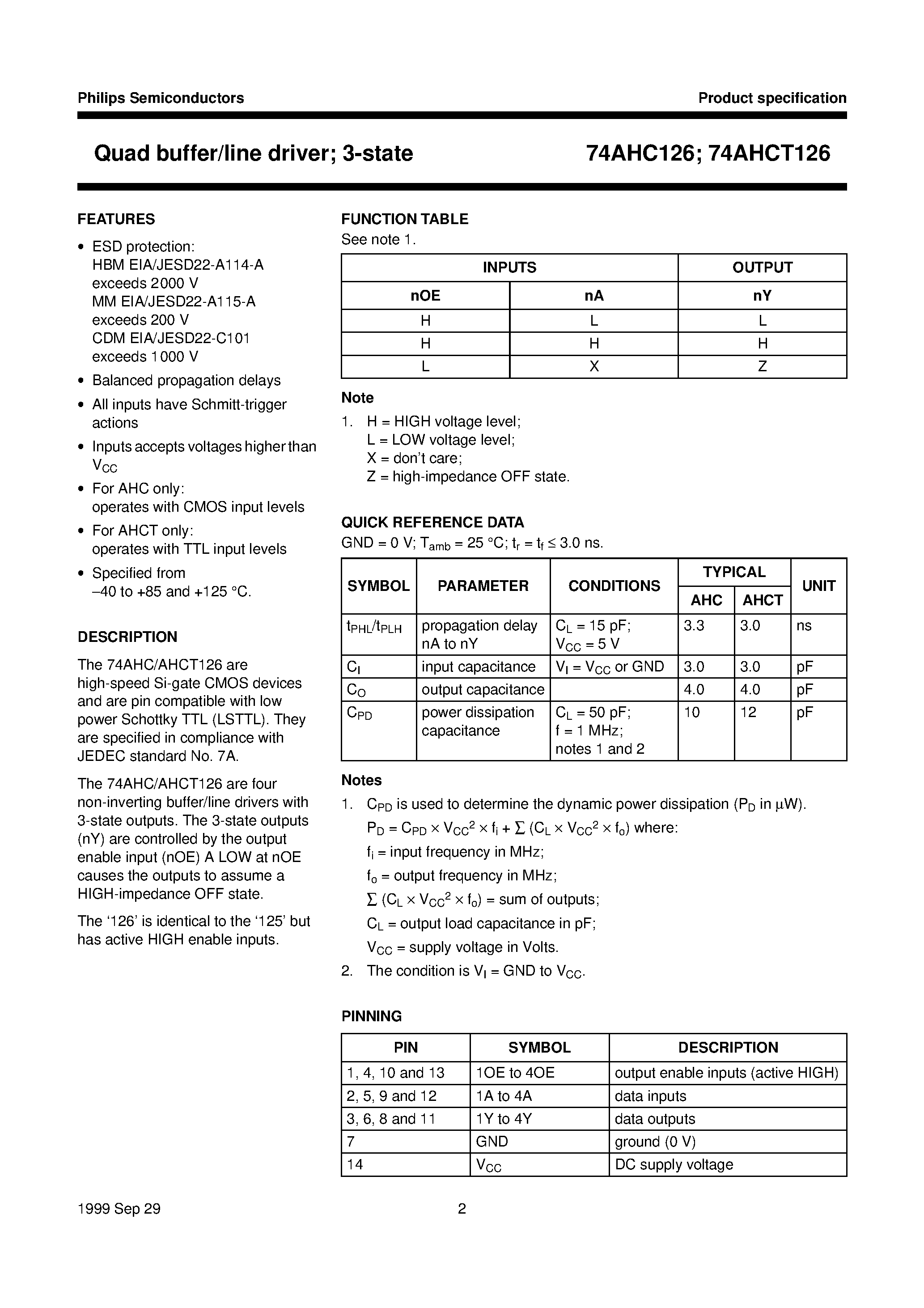 Datasheet 74AHC126PW page 2 Datasheet 74AHC126PW - Quad buffer/line driver; 3-state page 2