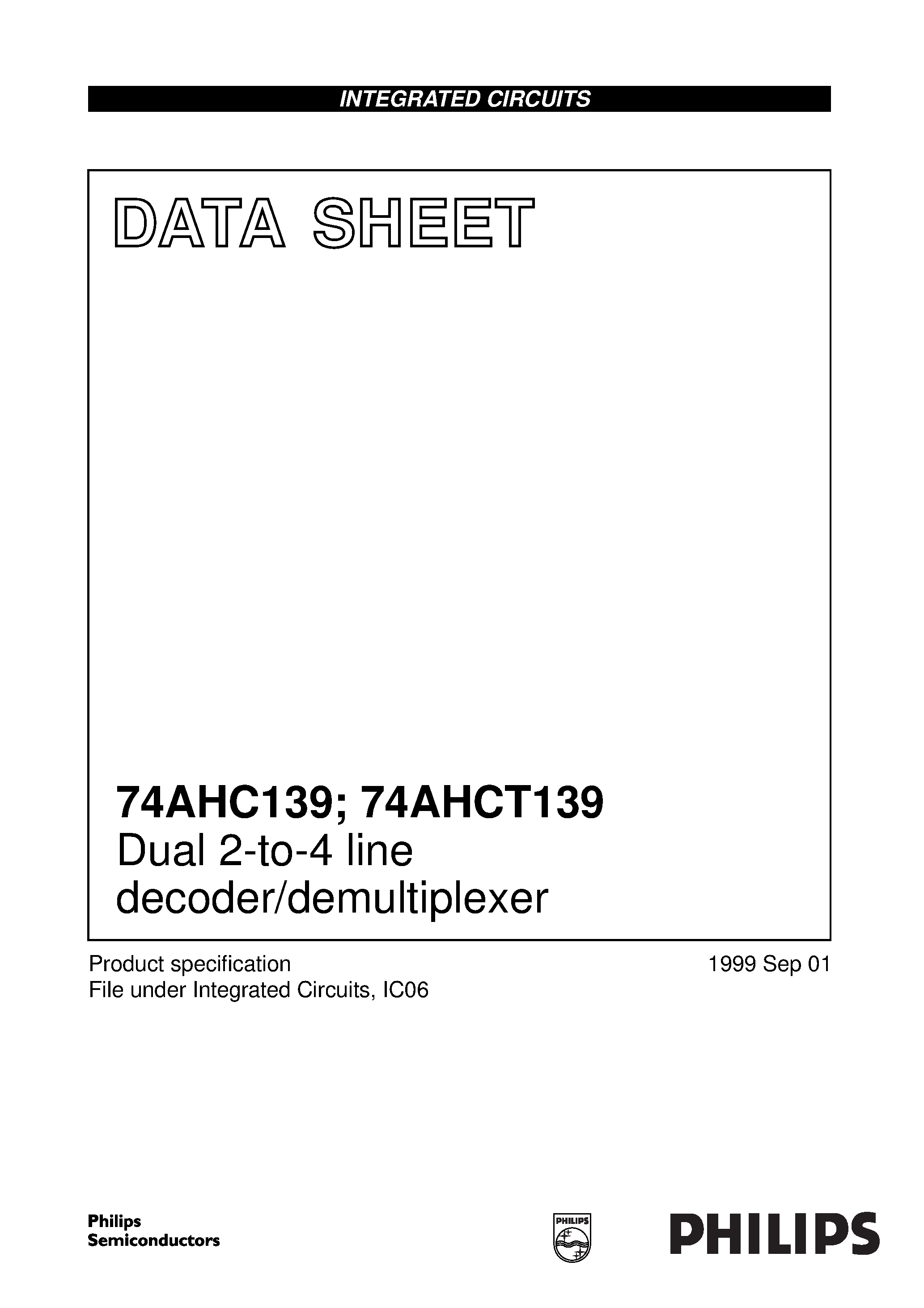 Даташит 74AHC139 - Dual 2-to-4 line decoder/demultiplexer страница 1