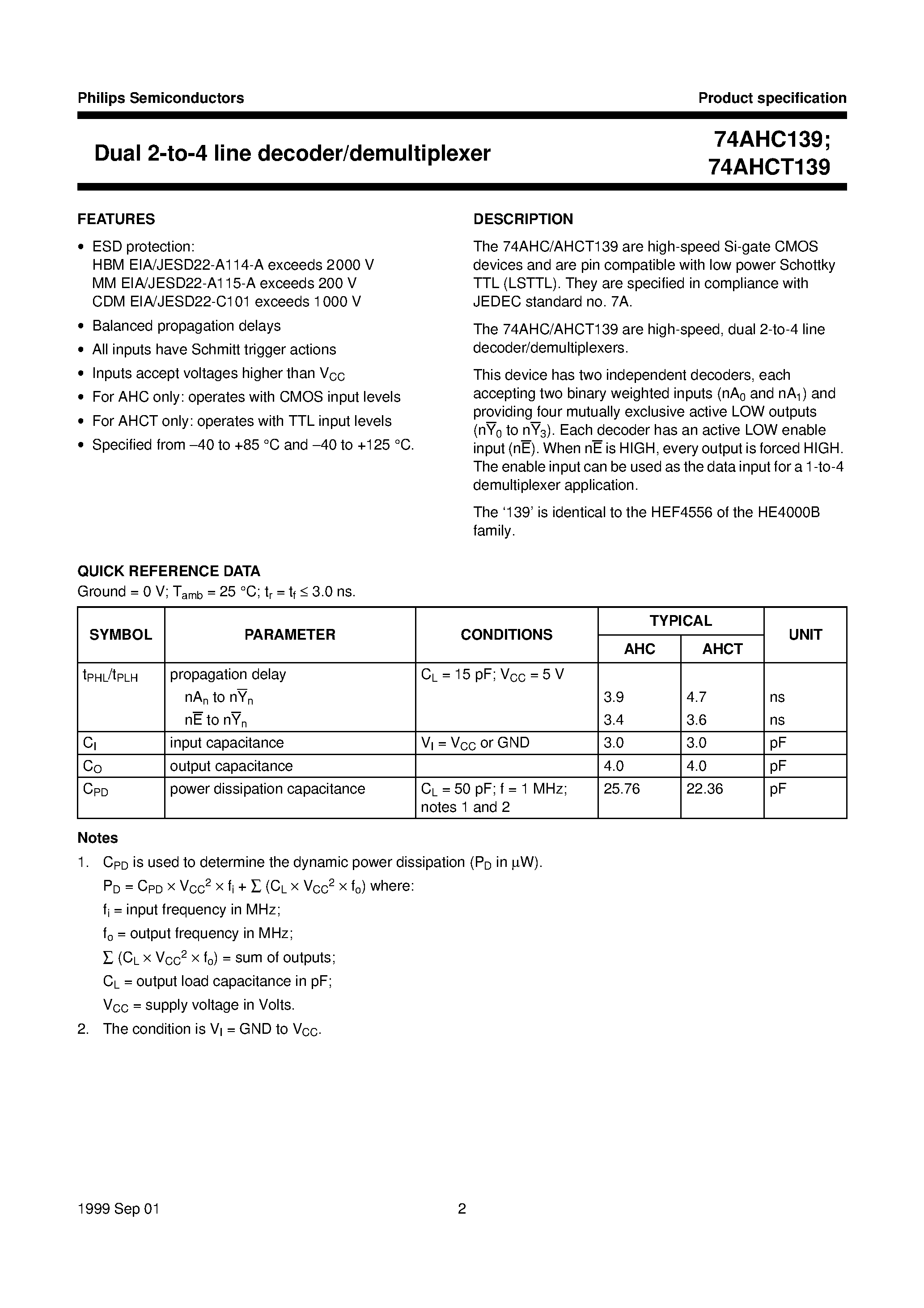 Datasheet 74AHC139D page 2 Datasheet 74AHC139D - Dual 2-to-4 line decoder/demultiplexer page 2
